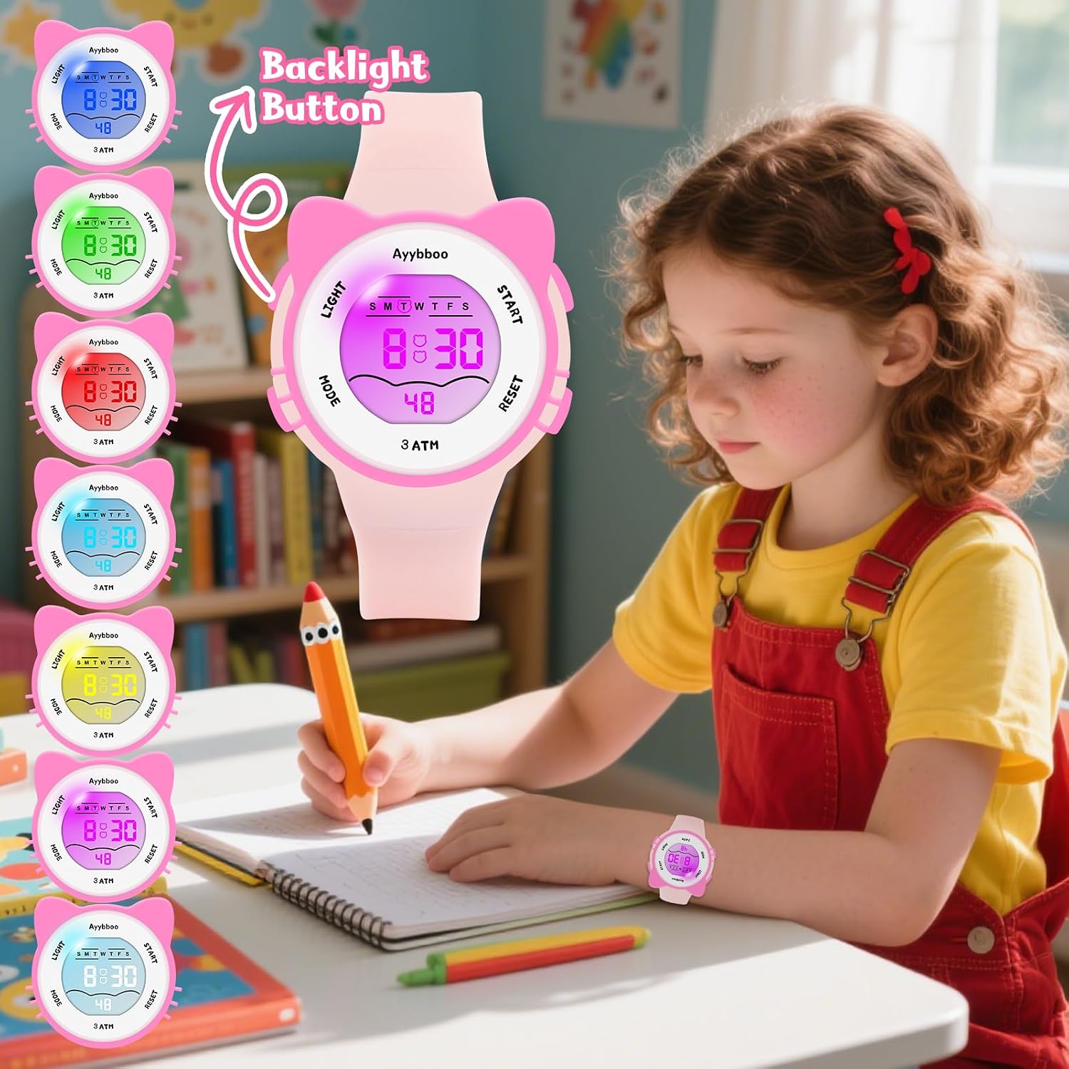 A child wearing a pink Ayybboo Kids Digital Watch, with an inset showing the watch face and the 'Backlight Button' (LIGHT) indicated.