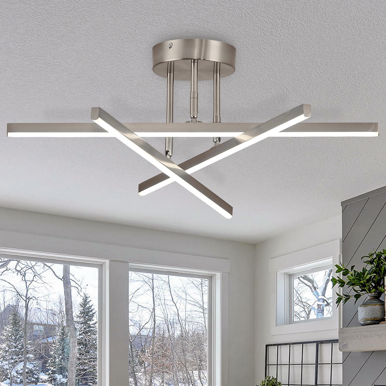 AIRYPHANT Modern LED Chandelier 18W Dimmable Nickel Semi Flush Mount