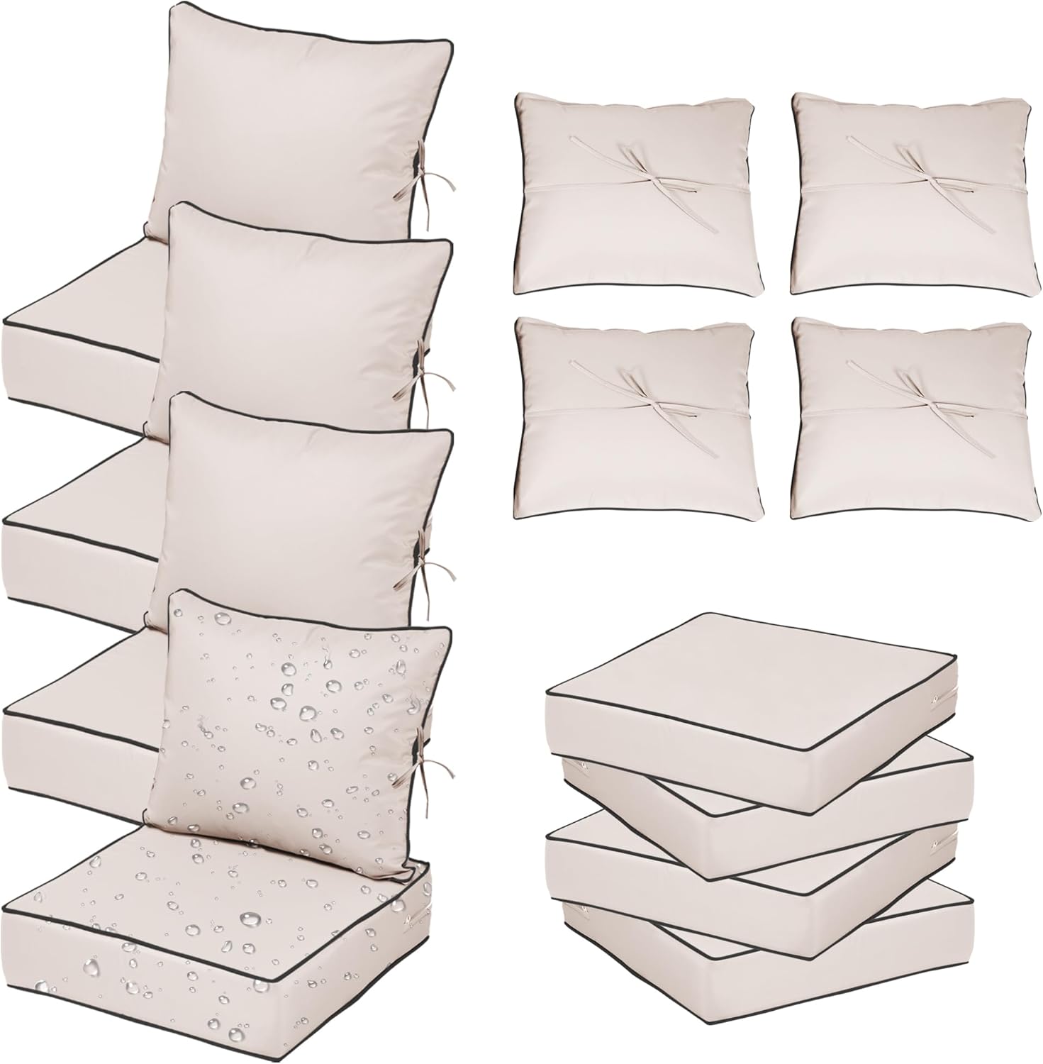 22X22 Inch Patio Cushion Covers Replacement, Water Resistant UV Resistant Polyester Outdoor Chair Patio Furniture Cushion Covers with Adjustable Straps, Hidden Zipper & Piped Edges,Cream black piping