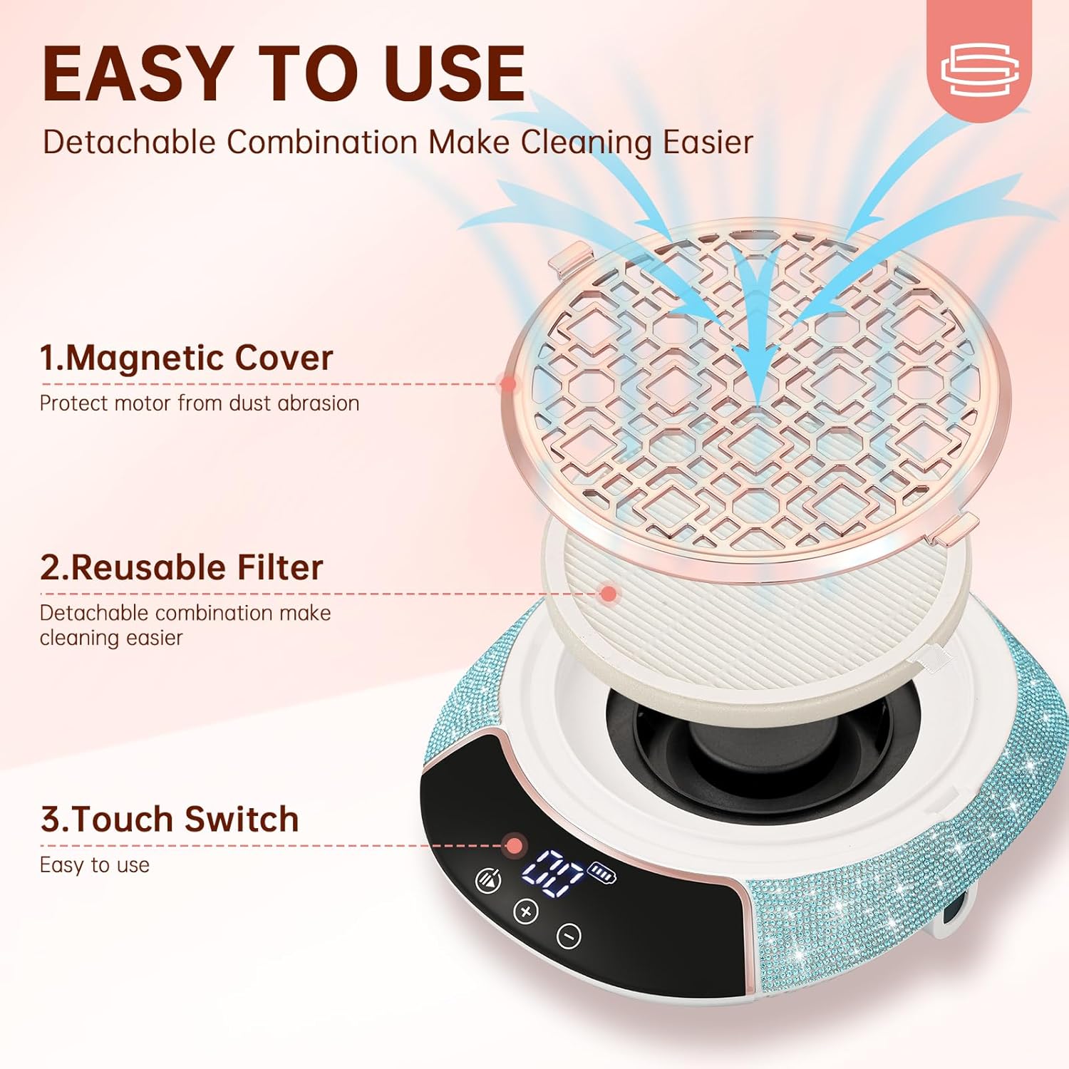 Nail Dust Collector, Cordless Dust Collector Nail Tech, Powerful Vacuum Fan Vent Dust Collector Extractor Dust Suction Machine for Acrylic Gel Polish,Salon & Home, Blue Diamond