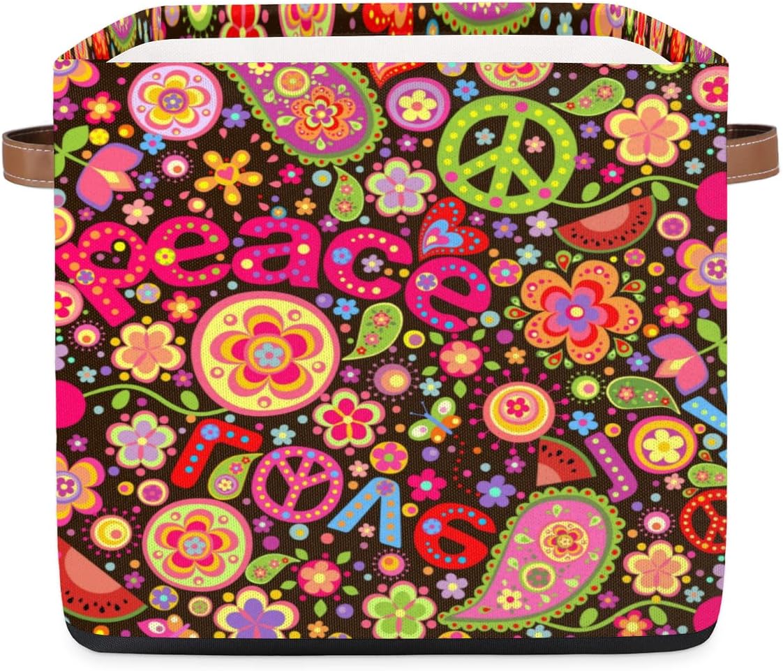 Colorful Peace Floral Flower Storage Basket Fabric Cube Storage Baskets Foldable Decorative Square Storage Bins with Handles for Closet Bedroom Shelf Organizing Toys