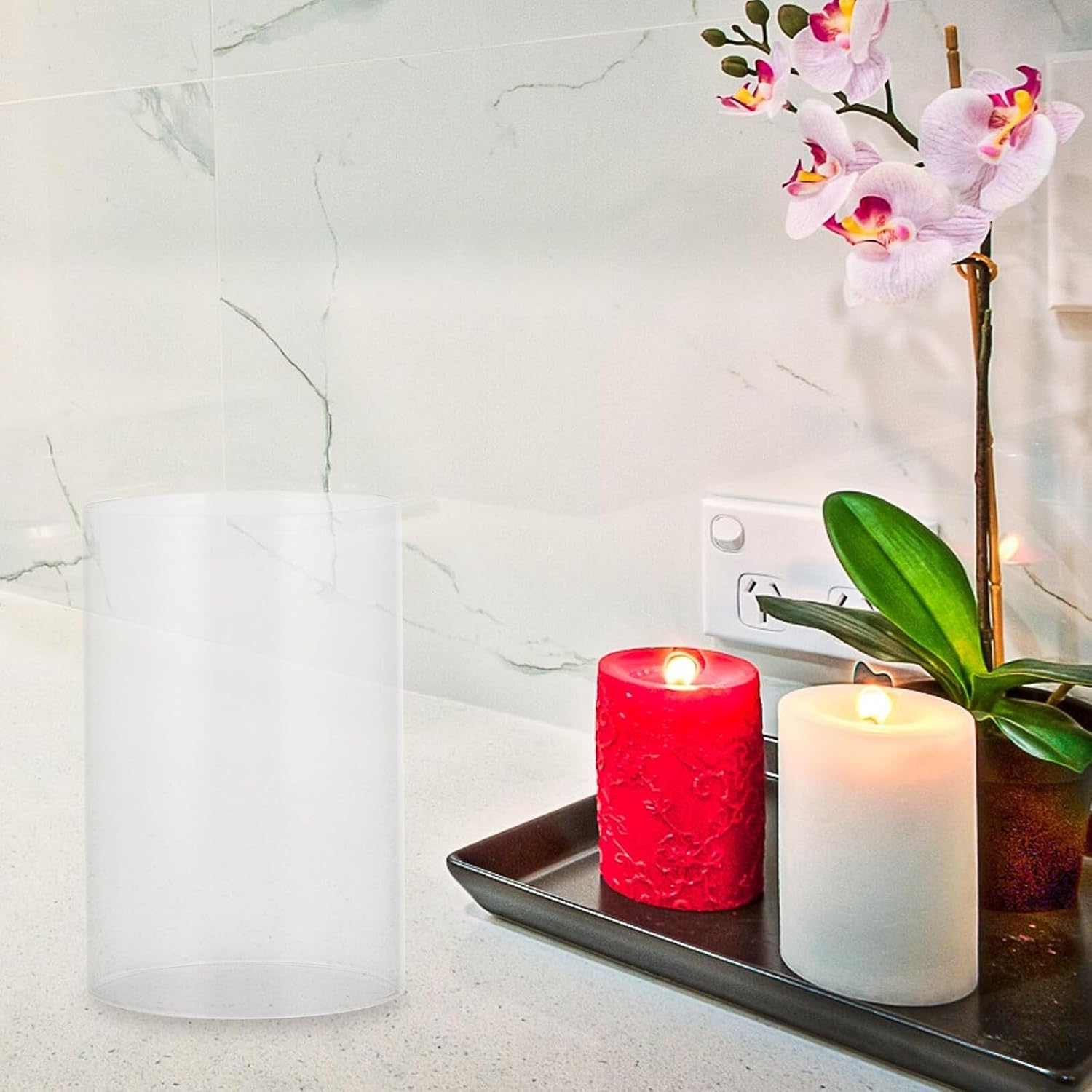 Glass Aroma Cup Candle Shade Cover 10X18Cm, Electroplated Double-Channel Glass Tube Bottomless Ripple Pattern, LED Electronic Candle Accessory for Home Decor and Aromatherapy