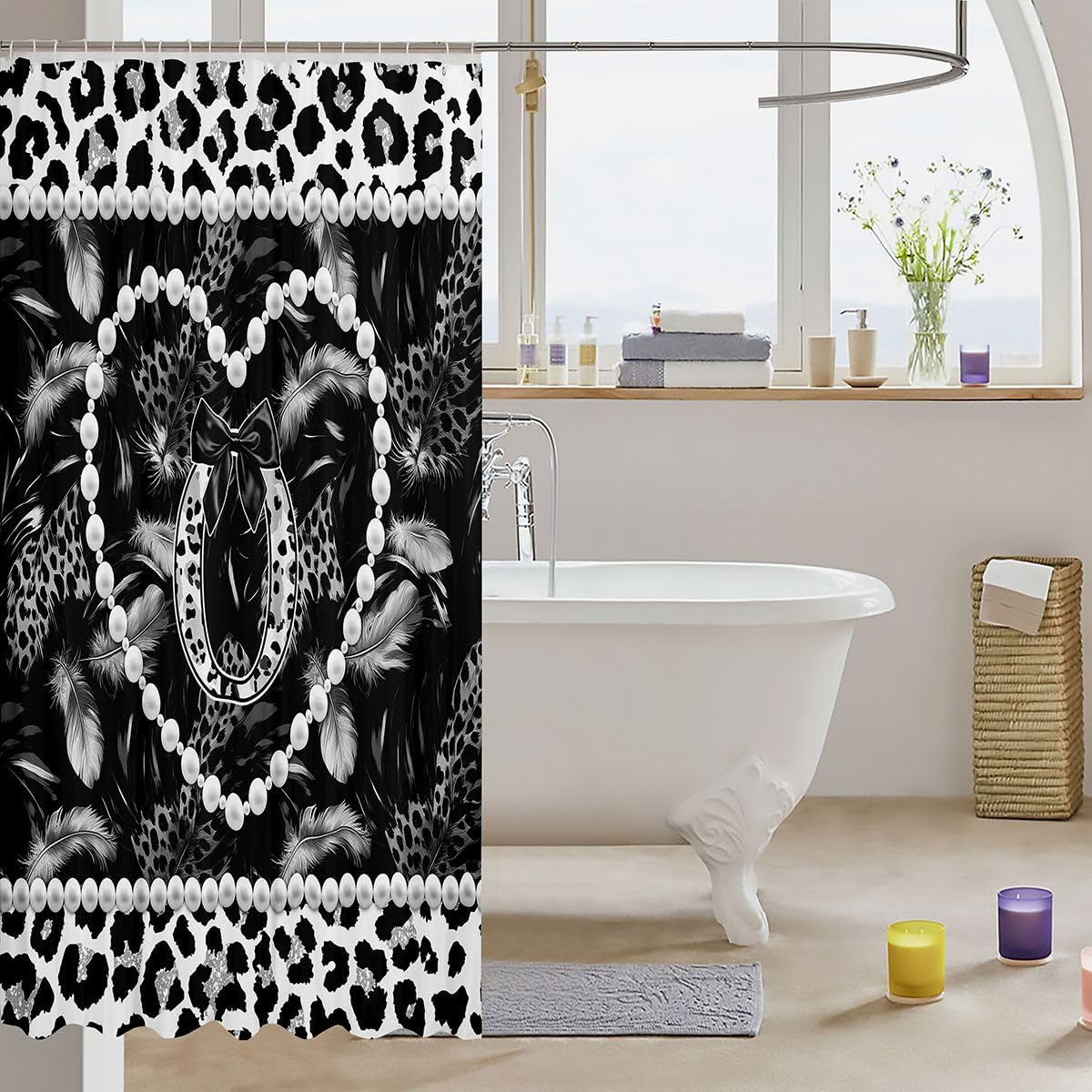 Erosebridal Personalized Black Bow Initial Letter O Shower Curtain Set Aesthetic Feather Grey Leopard Print Bath Curtain 72" Wx72 L,Glam Beaded Heart Coquette Pearl Y2K Monogram Bathroom Accessories image 3