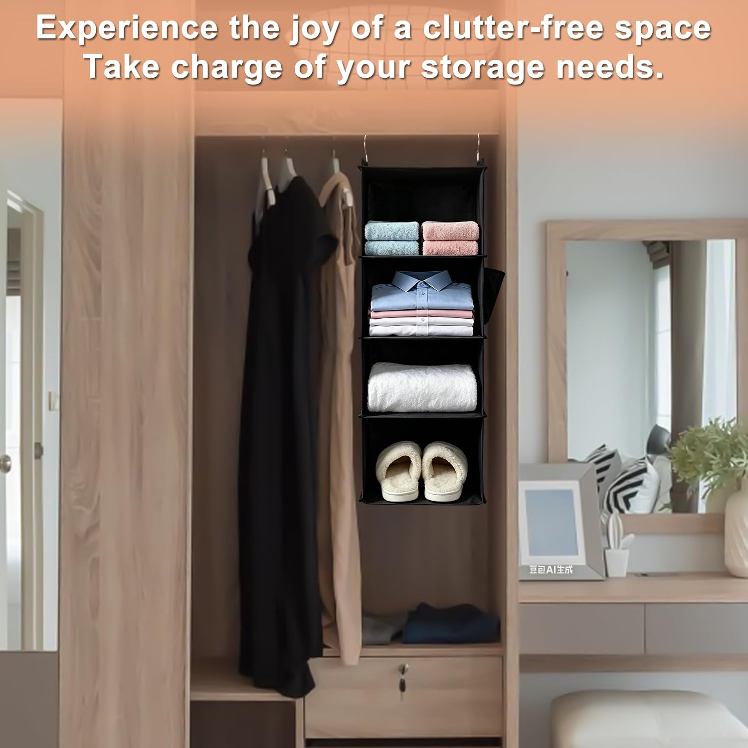 Hanging Closet Organizer and Shelves,4 Shelves with 1 Side Pockets (Grey)