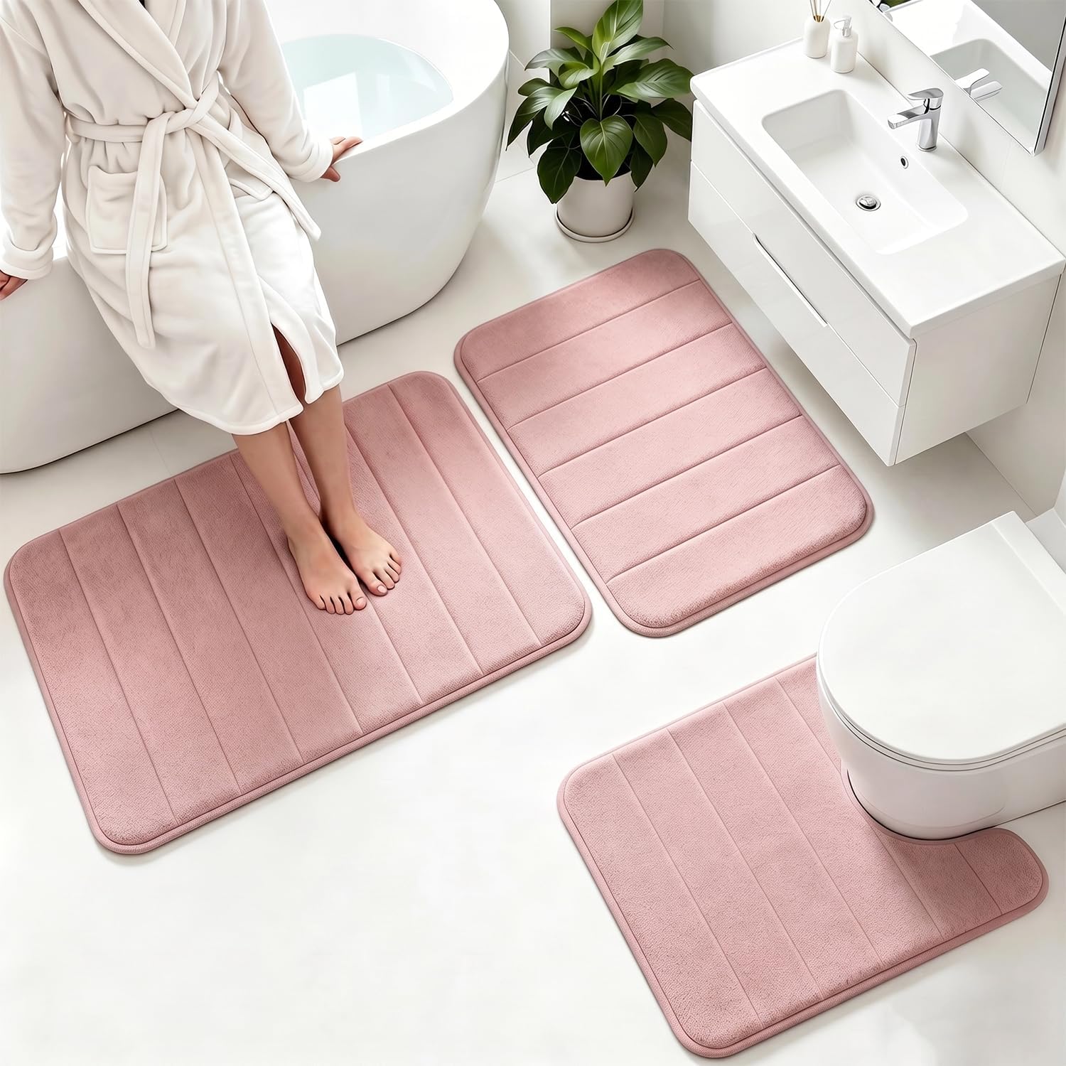Memory Foam Bath Mat Set 3 Piece，Super Soft Absorbent Bathroom Rug Non Slip, Quick Dry,Machine Wash, Perfect Plush Bathroom Rugs,Home Decor Accessories,Pink