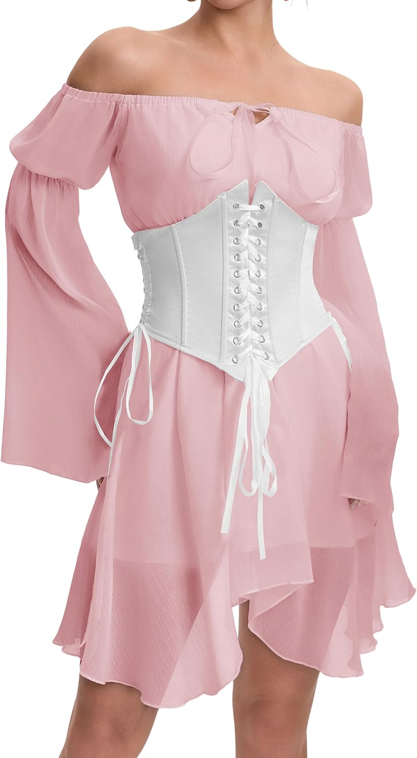 Womens Corset Dresses Off Shoulder Bell Sleeve Casual Party Fairy Two Piece Outfits Bustier Dress
