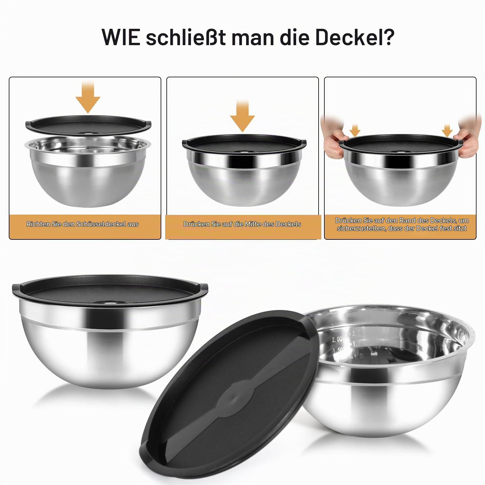 Cinnani Edelstahl Schüssel Set 8-teilig, Edelstahlschüssel Edelstahl Rührschüssel, Salatschüssel,Küchenschüssel mit Deckeln, Multifunktional schüsseln,Stapelbar