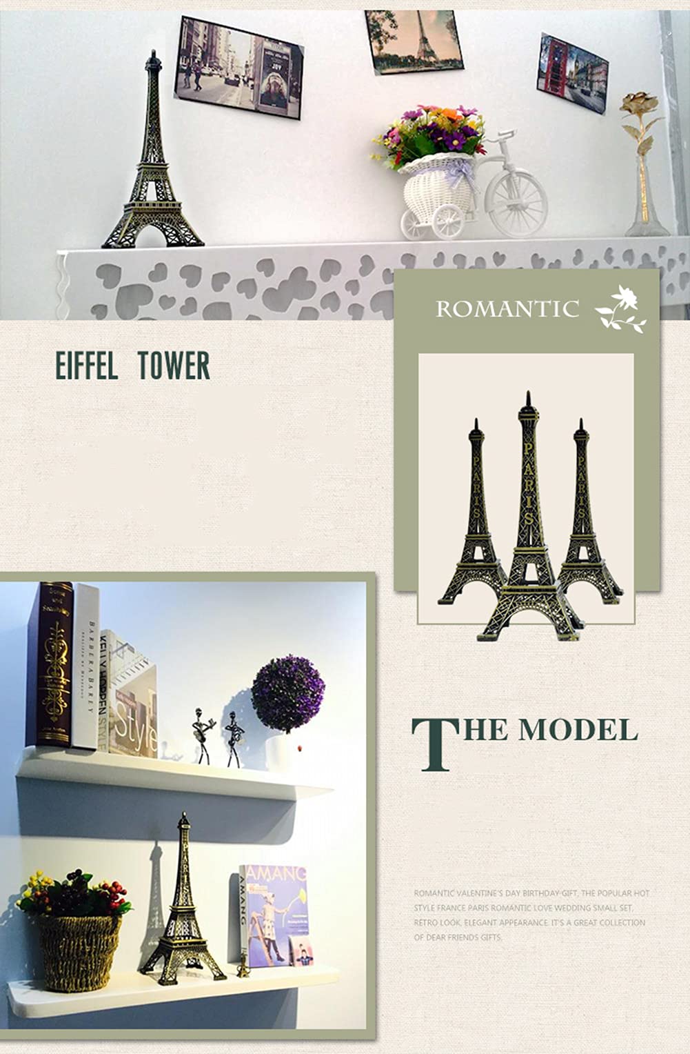 Statue Della Torre Eiffel In Bronzo - Set Da 3 Decorazioni Vintage Per Torte E Scrivania - Stile Parigino - Foto 8