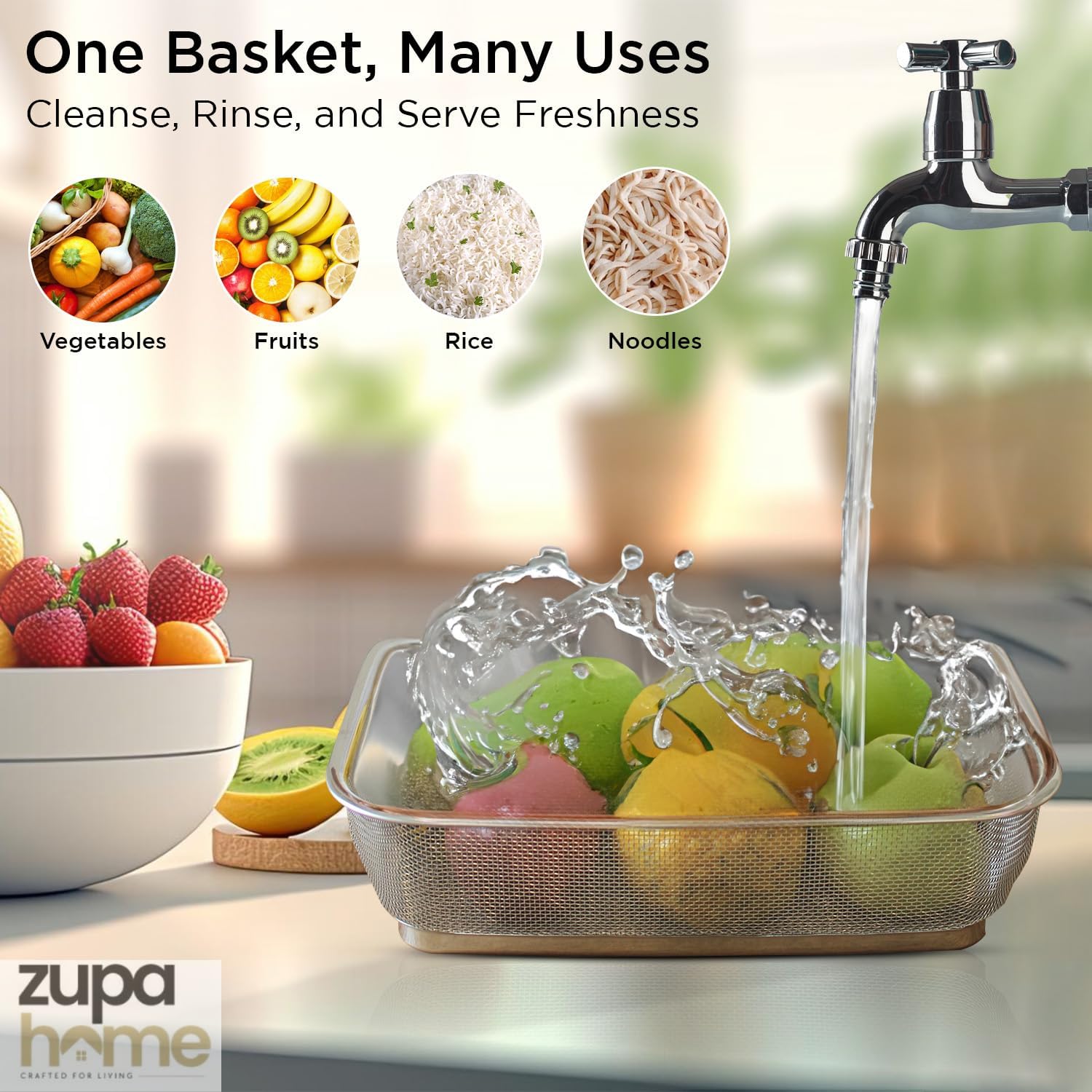 Zupa Rust-Proof Stainless Steel Rectangular Strainer & Storage Basket | Multipurpose Fruit, Vegetable & Fridge Organizer (Silver) | 32 X 24 X 7 CM 1
