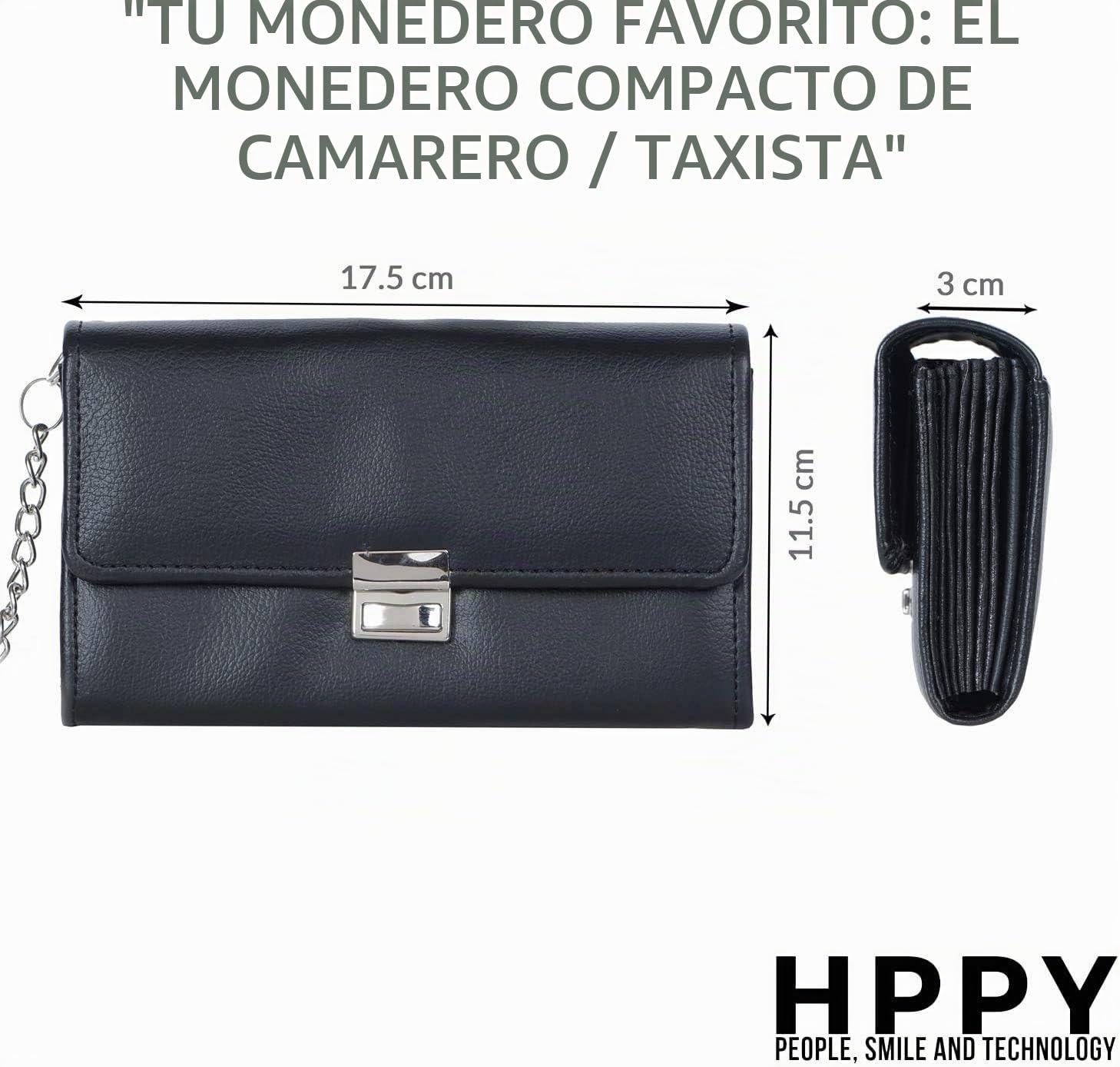 HPPY Aktion Sparset 3X Kellnerportemonnaie - Robusta cartera de camarero con funda, cadena y probador de dinero, bolsa de camarero para gastronomía y taxi, color negro