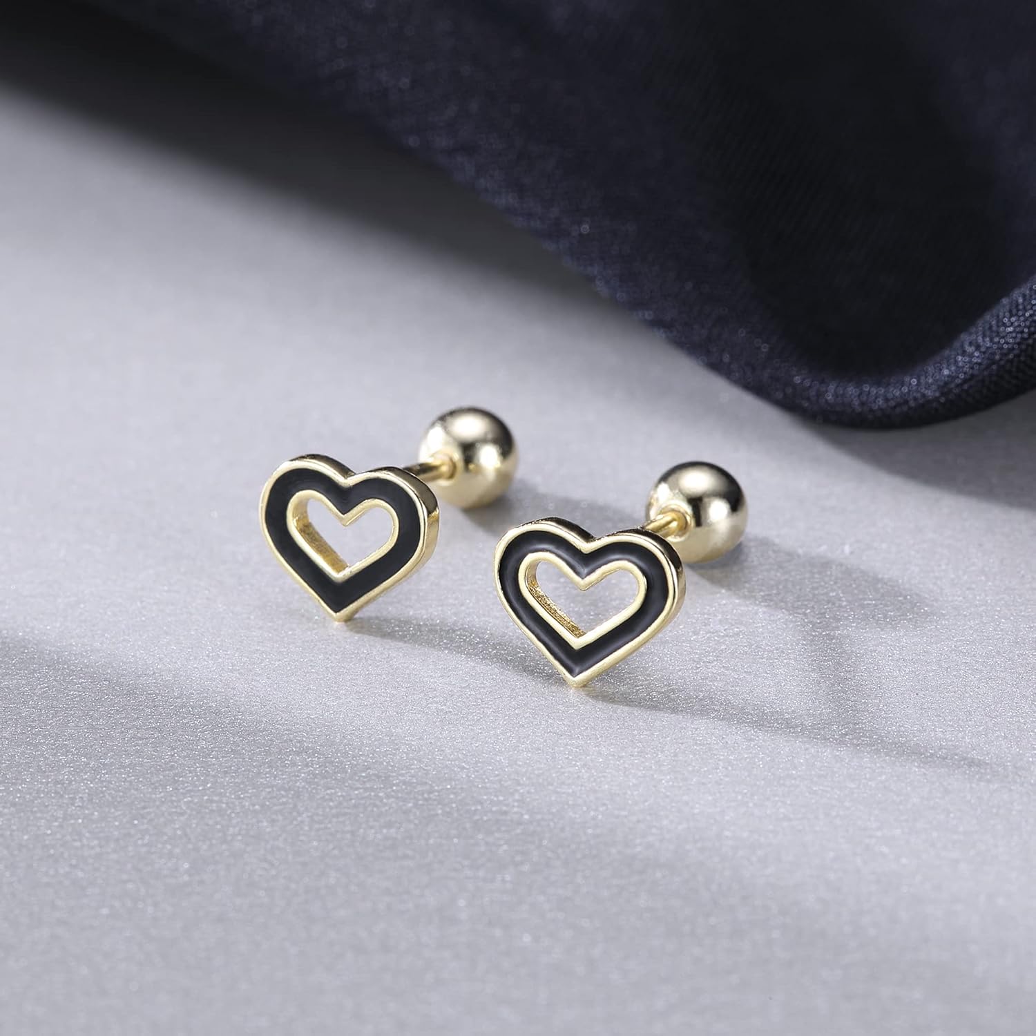 Reffeer Solid 925 Sterling Silver Black Heart Studs Earrings for Women Teens Small Love Heart Earrings Studs Helix Open Heart Earrings Cartilage Tragus Screwback Studs - Image 4