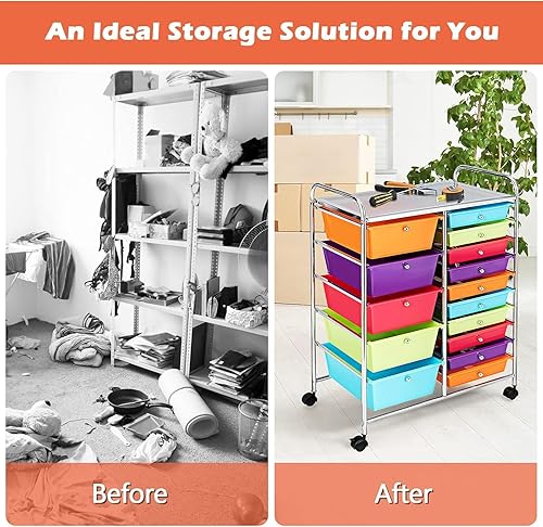 Vista 319 de LDAILY Carrito de almacenamiento con ruedas de 15 cajones, carrito rodante con cajones para aula, organizador de manualidades con ruedas con marco