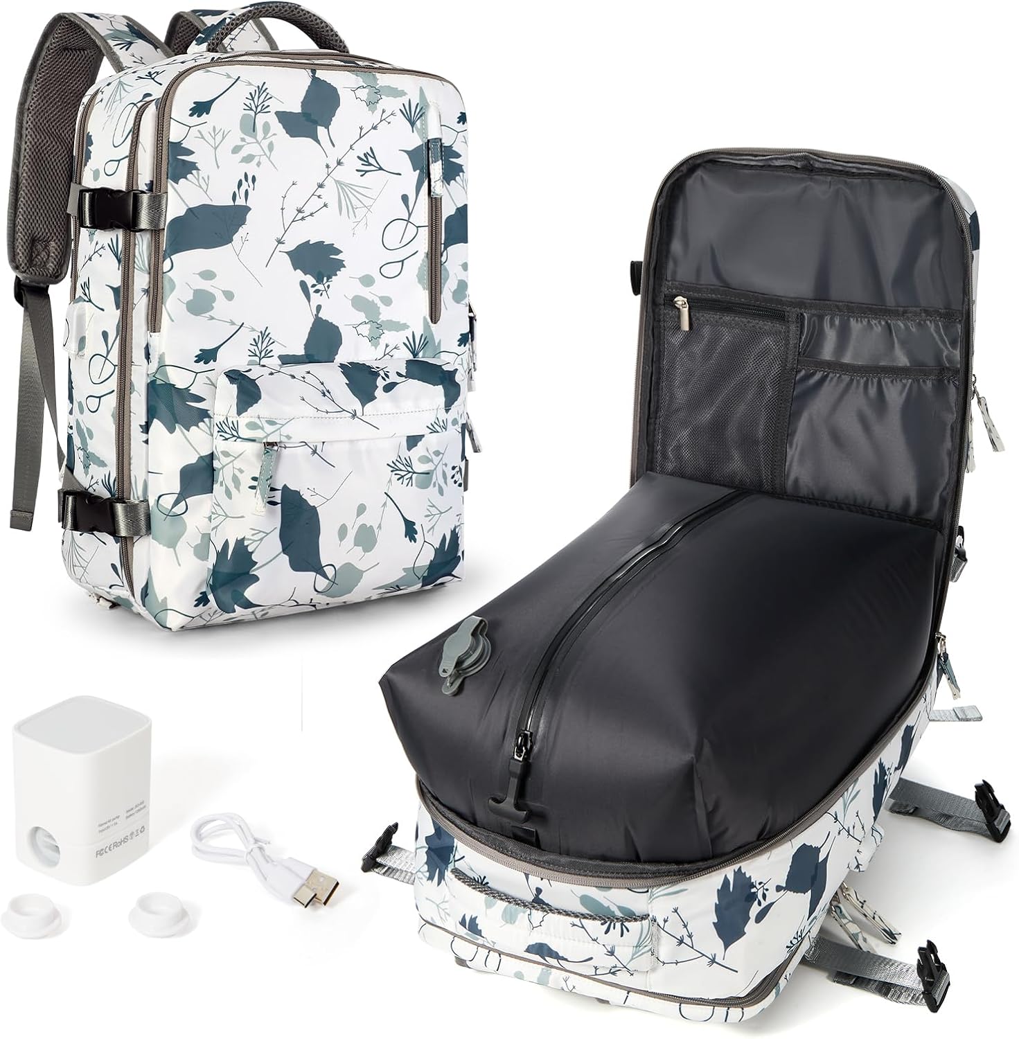 WONHOX Vacuum Seal Backpack for Travel with Air Pump Vacpack Carry on Flight Approved Compression Daypack Laptop Space Saver Bags Storage with Vacuum System 18x14x8 inches Travel Bag Women LeafWhite