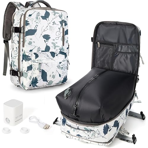WONHOX Vacuum Seal Backpack for Travel with Air Pump Vacpack Carry on Flight Approved Compression Daypack Laptop Space Saver Bags Storage with Vacuum System 18x14x8 inches Travel Bag Women LeafWhite