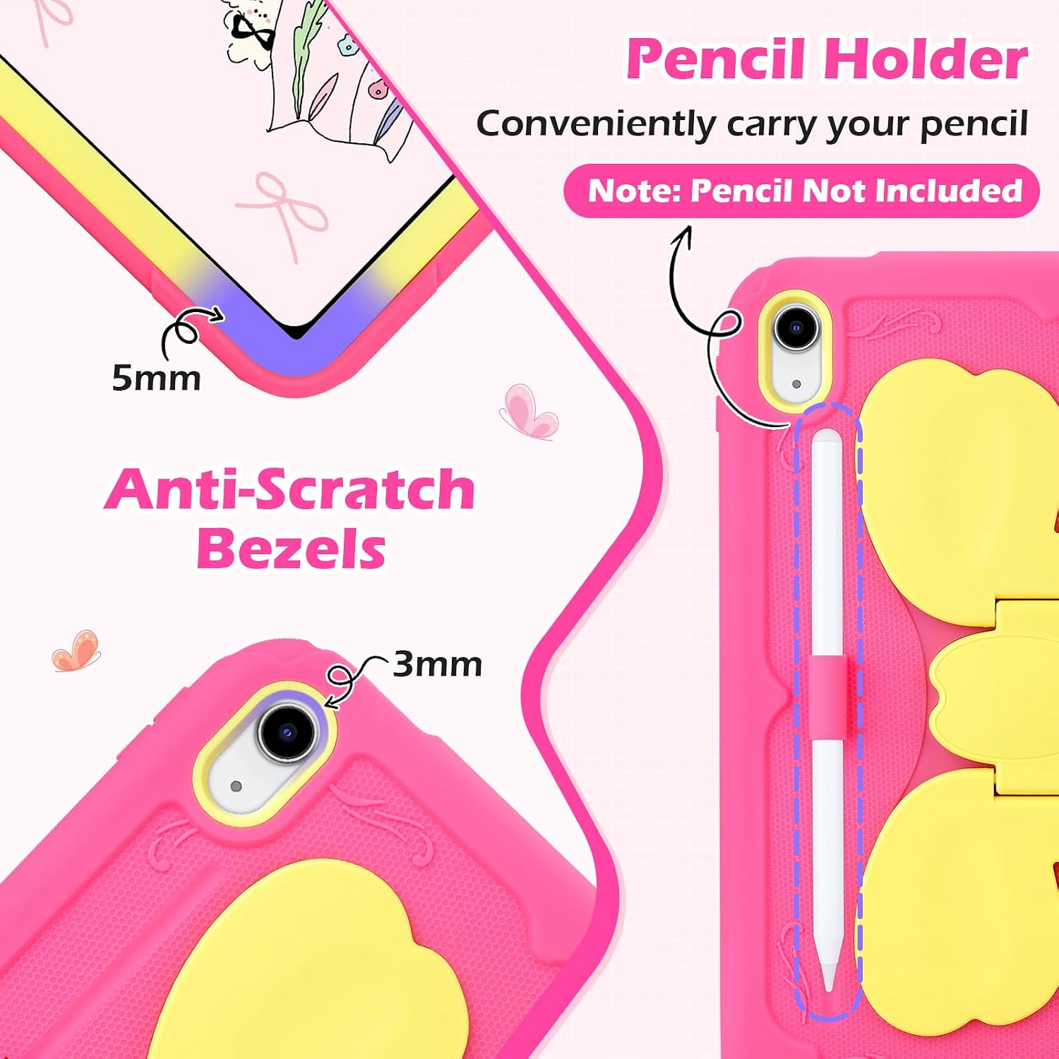 VOFUOE for iPad A16 Case 11th Generation 2025 11 Inch, for iPad 10th Generation Case 2022 10.9 Inch for Kids Girls with Sweet Bow Stand Shoulder Strap Pencil Holder Hard Cover-Rose Pink & Yellow