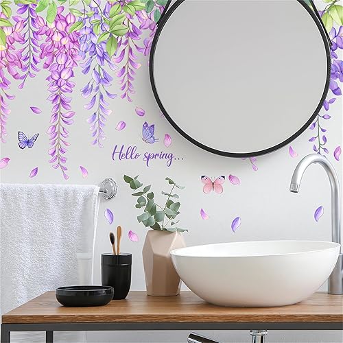 Miniatura 2 de Calcomanías de pared de mariposa de vid moradas, arte floral de sacinora con plantas verdes, calcomanías de pared de primavera, vinilo extraíble