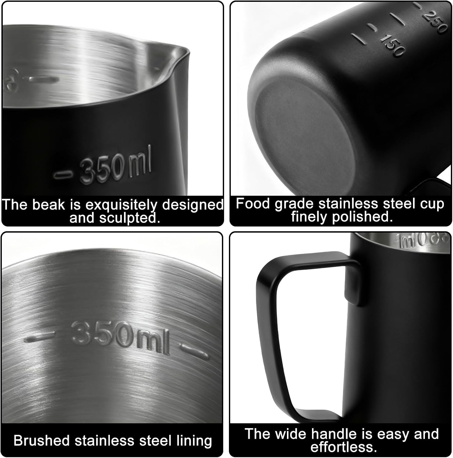 Set of 2 Stainless Steel Milk Jugs, 350 ml Milk Pitcher, Milk Foam Jug with Measurement Markings, Coffee Creamer Frother Jug for Latte, Cappuccino, Espresso, Macchiato, Barista, Black image 4