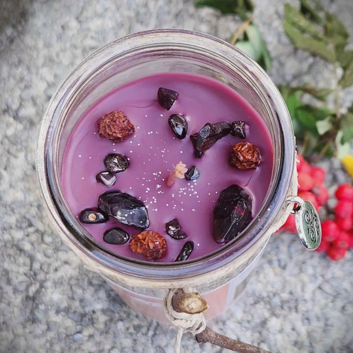 Brigid Fire Goddess Candle Hand Poured Elegant Coco Soy, Pomegranate, Rowan Berries, Garnet, Healing, Renewal, Witch, Triskele Charm, Rowan Twig