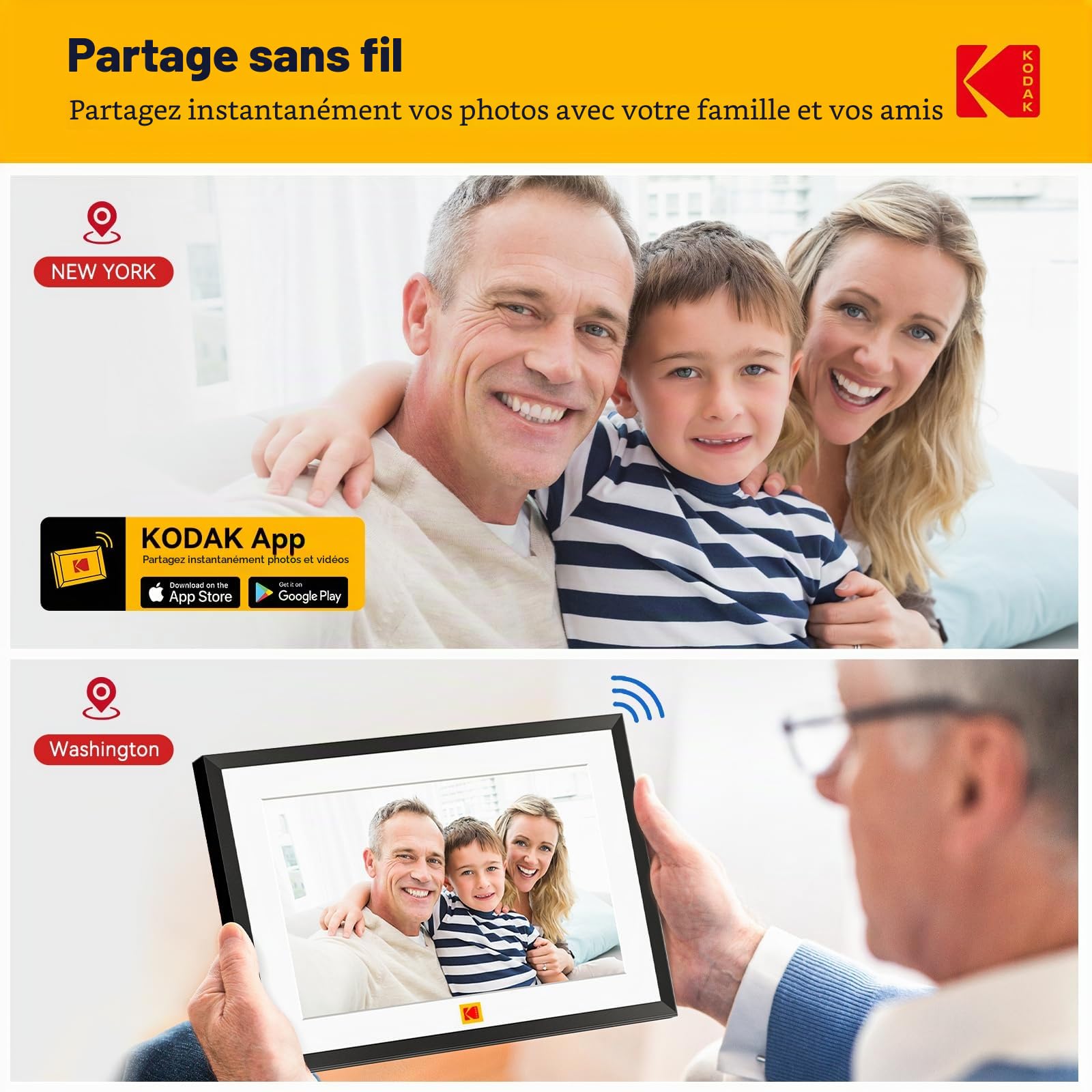 Kodak Cadre Photo Numérique vec Batterie, Cadre Photo Numériqu WiFi 10,1 Pouces WiFi (32 Go), Écran Tactile IPS HD 1280x800 - Rotation Automatique, Cadre Photo Connecté pour Famille Noir