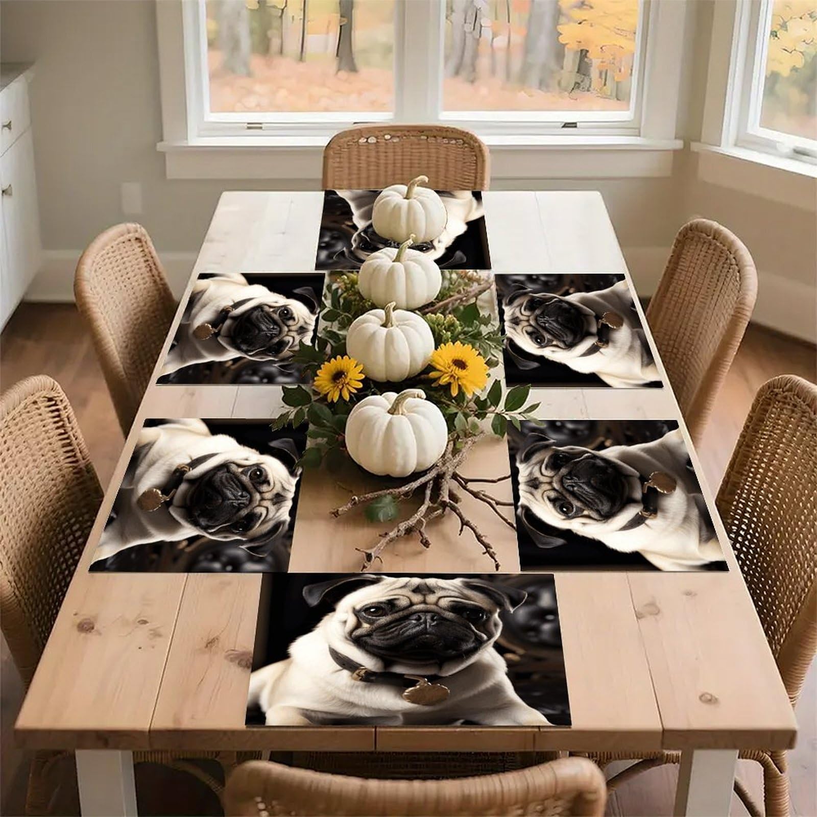 Cool Pug Dog Placemats Wipeable Heat Resistant Table Mats Washable Flax Place Mats Elegant Cloth Non-Slip Placemat for Kitchen Dinning Party Table Decor 12 * 18 in