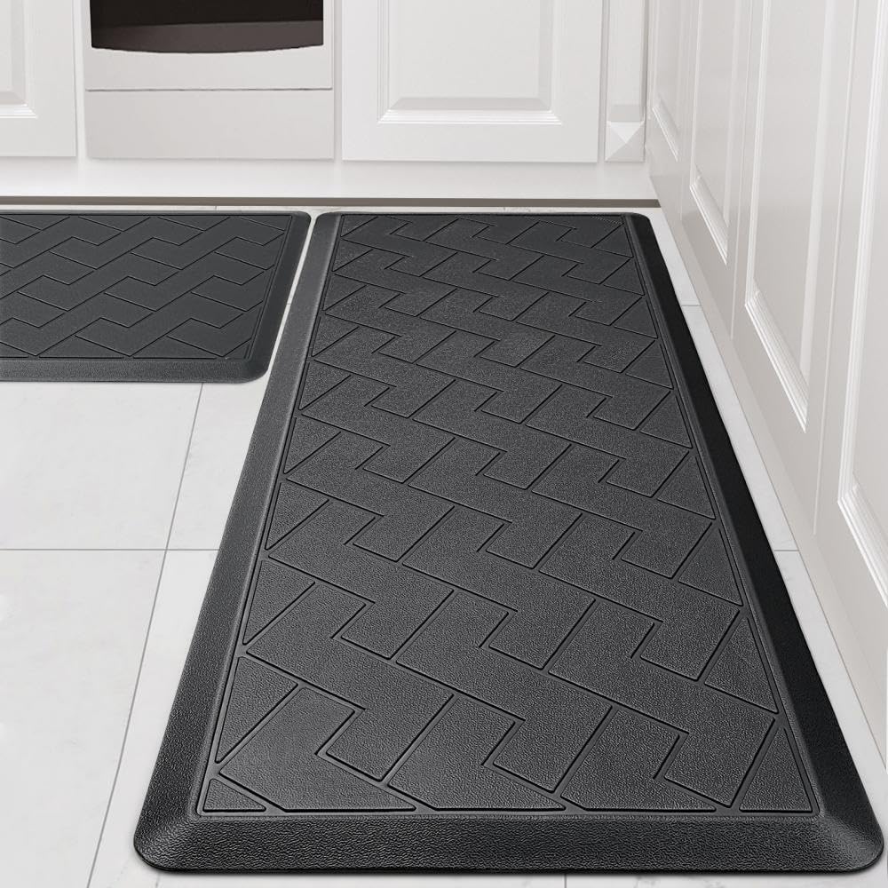 WEZVIX Non-Skid Kitchen Rugs and Mats Waterproof, Anti Fatigue Kitchen Mat 2 PCS, 1/2 Inch Thick Kitchen Floor Mat, Ergonomic Comfort Foam Standing Mat for Floor, Office, Sink, Laundry - Black