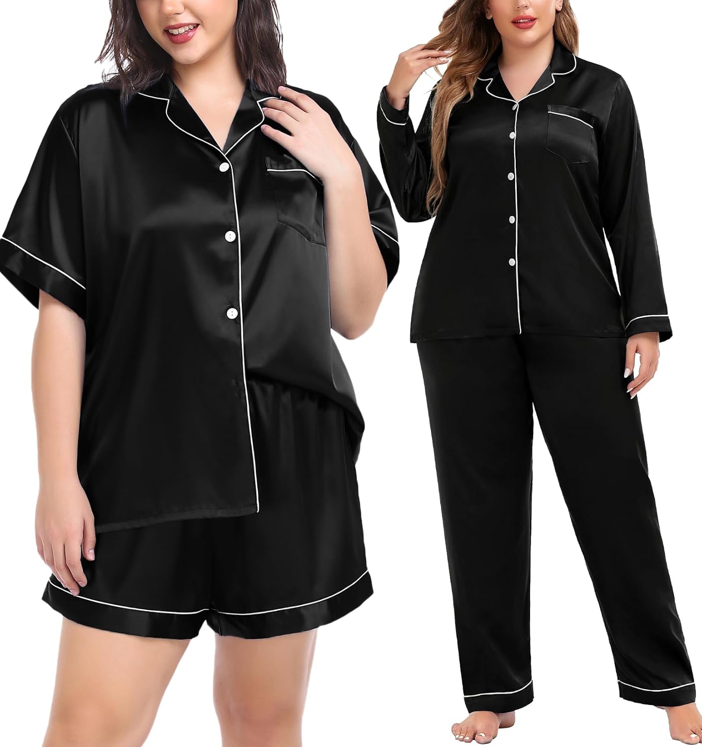 SWOMOG Women's Plus Size Pajamas Silk Satin Pajama Set Short Sleeve Shirt with Full-Length Pants Pjs Sleepwear Set 18W-26W