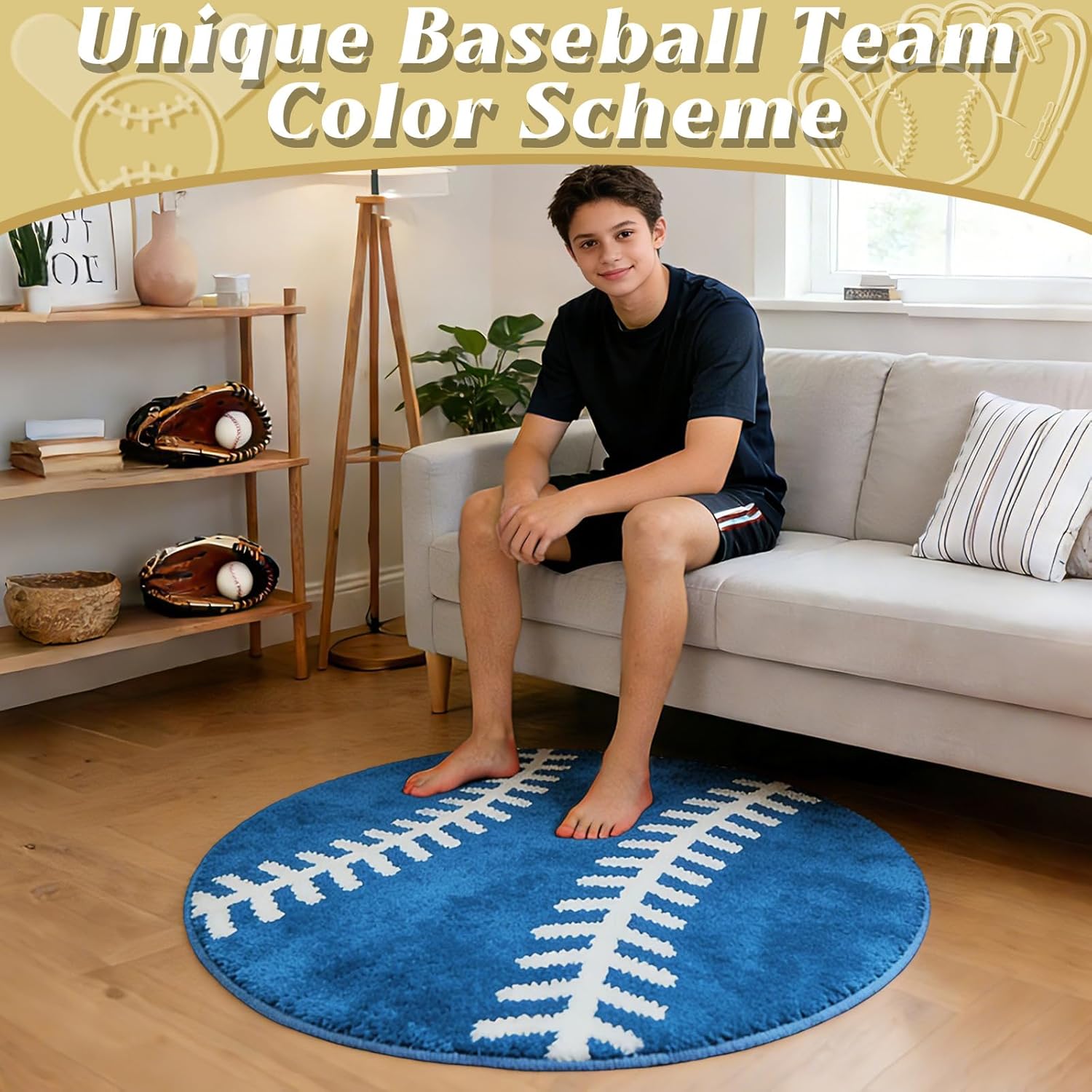 31.5 Inch Round Baseball Rug Bright Blue Sports Carpet with Non-Slip TPR Backing Soft Washable Area Rug for Boys Bedroom Living Room Playroom Room Decor Gifts for Baseball Lovers Sports Team Fans