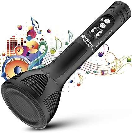 VRJTEC Karaoke Mic Handheld Wireless Microphone Mic with Audio Recording Bluetooth Speaker & Karaoke Feature for All Smartphones & Tablets (Black-1)