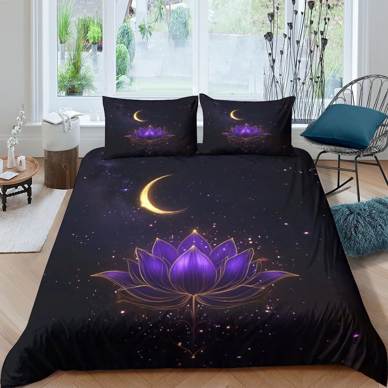 Ctjqhvkz Style-5 3D Printed Purple Lotus Moon Fitted Sheet Microfiber Soft Bedroom Decor Star Night Mattress Cover Single（135X200cm）