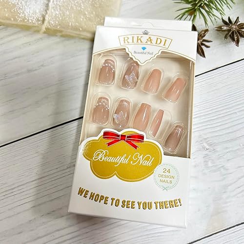 Miniatura 6 de Uñas postizas a presión con punta francesa color nude, uñas postizas acrílicas artificiales medianas con diseño de perlas de cristal 3D, uñas