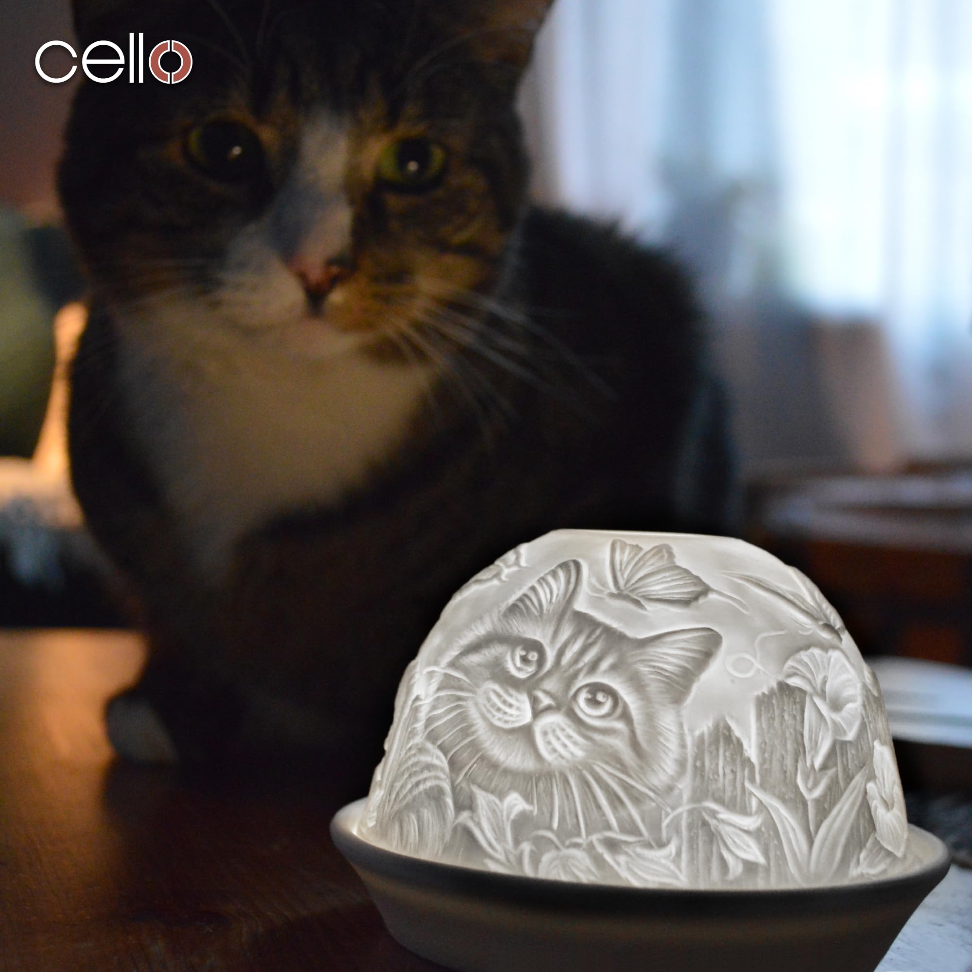Cello Portacandele in porcellana a cupola, design a forma di gatto, con proiezione 3D e messaggio profumato, non profumato, candela a LED, scaldacera per amanti degli animali, regali della natura