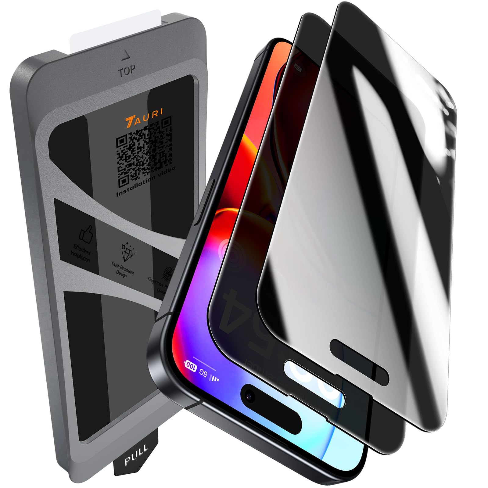 TAURI für iPhone 16 Panzerglas 6,1" mit Staubfreie Installationswerkzeug, Sichtschutz Glas Displayschutz, Full Screen Privacy Schutzglas, Anti-Fingerabdruck und Bubbles Schutzfolie, 2 Stück