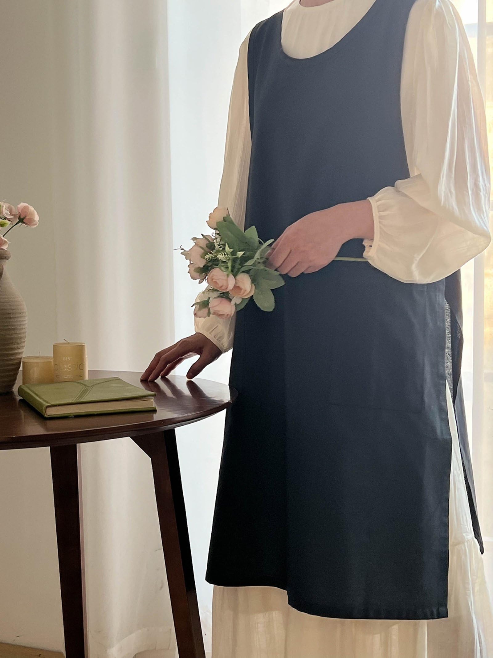 Grembiule In Cotone e Lino Per Donna con Lacci Laterali Scollo Rotondo Casual per Cucinare, Dipingere, Cucinare, Bar