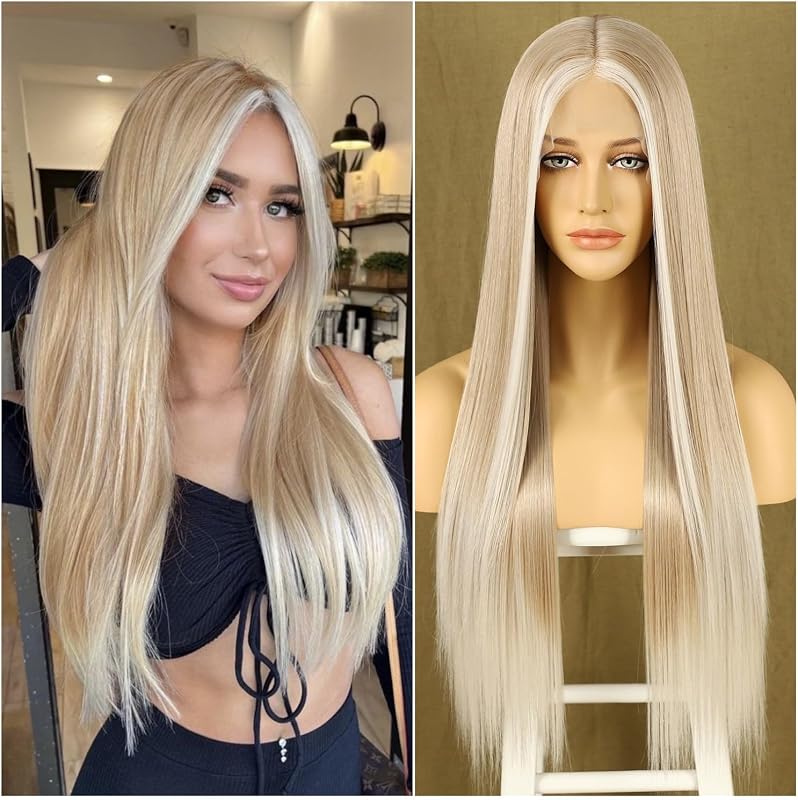 Sapphirewigs Ombre Szőke Hosszú Egyenes Paróka - Csipke Elülső, Japán Szintetikus Haj, Hőálló, 66 cm, 150% Dússág