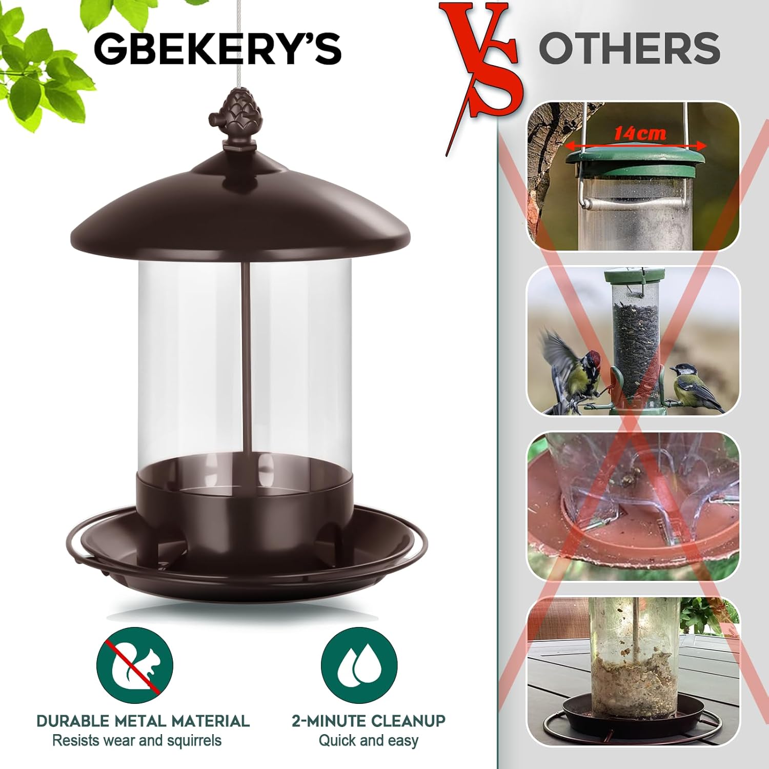 Gbekery Metal Bird Feeders for Outdoors Hanging, Weather Resistant Wild Bird Feeder with 360 Degree Feeding Tray, Brown