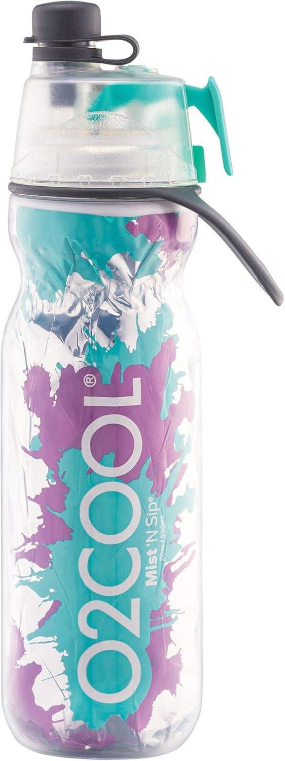 o2cool mist 'n sip misting water bottle 2-in-1 mist and sip function with no leak pull top spout reusable sports water bottle - 20 oz (teal purple splash) splash teal 20 ounces