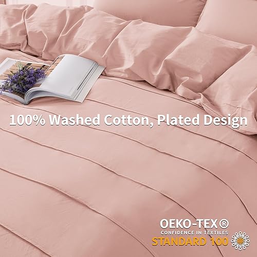 Miniatura 10 de NEXHOME PRO Juego de funda de edredón de 100 % algodón lavado, tamaño individual, juego de funda de edredón plisado, gris claro, juego de ropa de