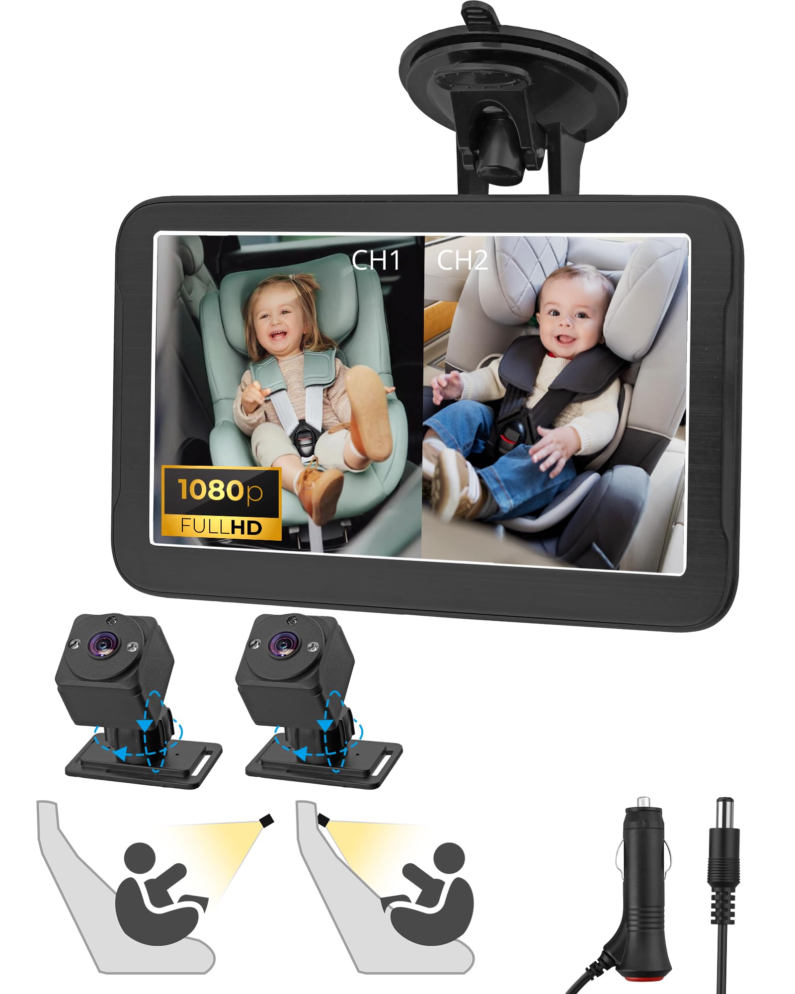 eSynic Baby Car Monitor con Doppia Telecamera 1080P Grandangolare 150°, 7'' Schermo IPS, Visione Notturna IR, Specchietto Retrovisore a Ventosa Controllo Bimbi, Alimentato da Accendisigari