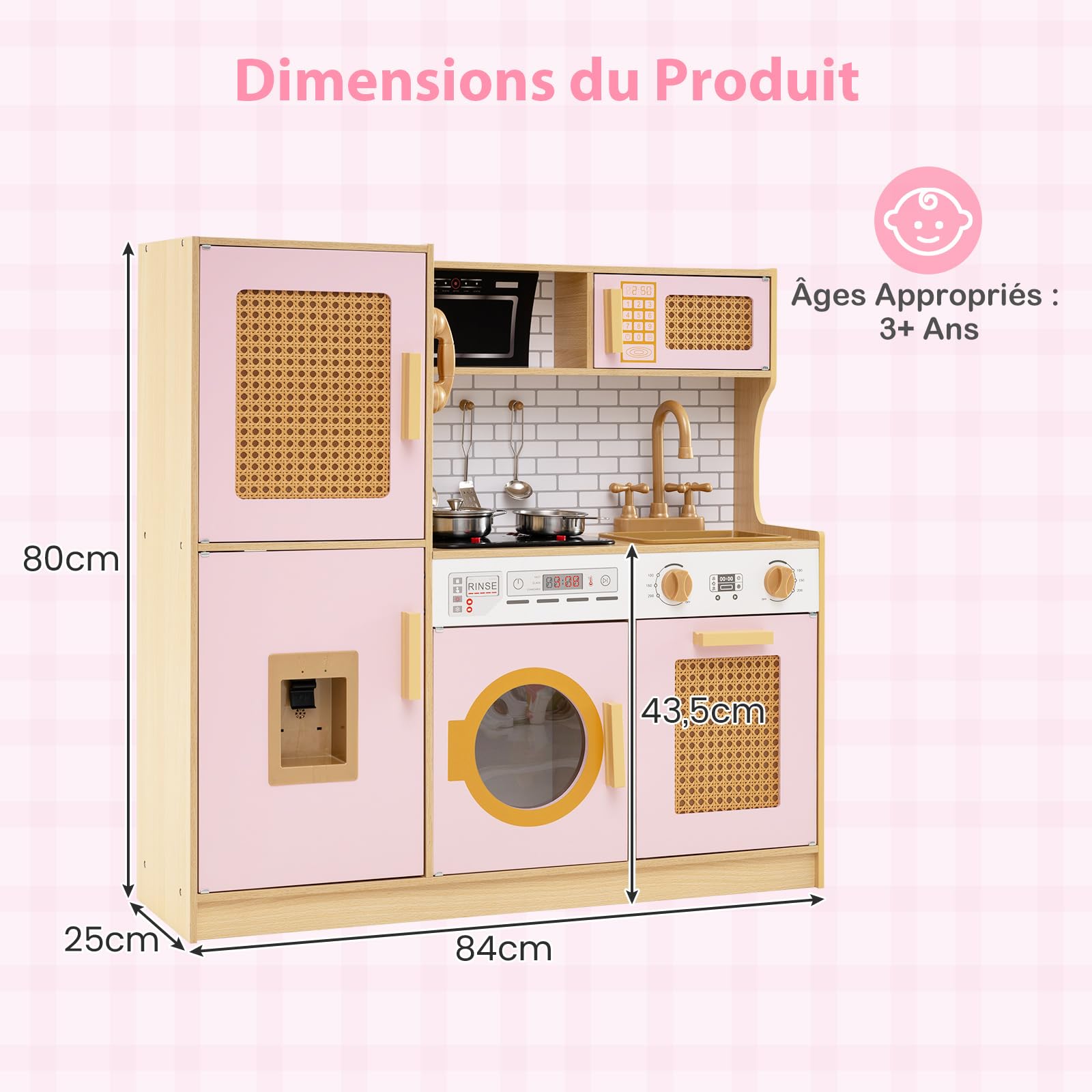COSTWAY Cuisine Enfant avec Lumière & Effet Sonore, Cuisiniere Enfant avec Distributeur d'eau & Machine à Laver & Four, Portes en Rotin, Jeu de Cuisine pour Garçons Filles de 3 Ans+ (Rose)