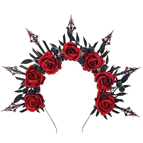 Black Red Rose Headband - Zip Tie Cross Spiked Halo Crown Renfaire Fantasy Floral Headpiece Sunburst Evil Gothic Headband for Women Renaissance Cosplay Costume Halloween Party