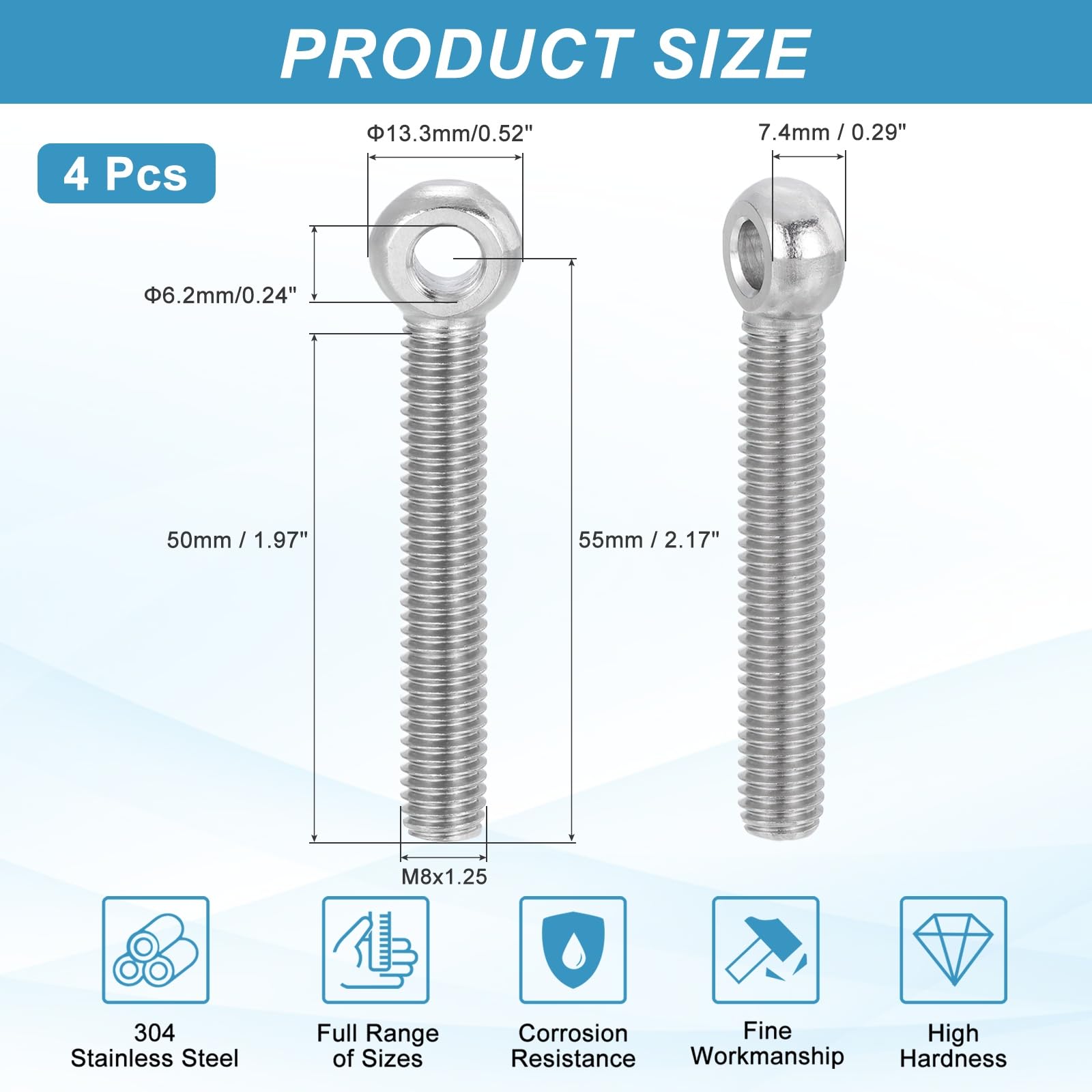 PATIKIL 4 Pcs M8x55mm Shoulder Swing Lifting Eye Bolt, 304 Stainless Steel Metric Full Thread Fisheye Eye Slip Hole Screw Rigging Bolt Metal Fasteners Screws, Silver Tone - Image 2