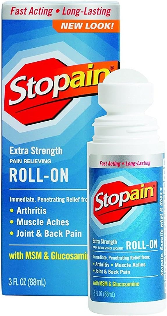 Stopain Pain Relief Roll On Gel 3oz (3 Pack) USA Made, Max Strength Fast Acting with MSM, Glucosamine, Menthol, Lower Back, Knee, Neck, HSA FSA Approved Topical Analgesic Products