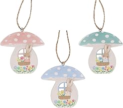 Gisela Graham Easter Decorations Bunny in Toadstool, Set of 3, Wood, Pink, Blue, Green