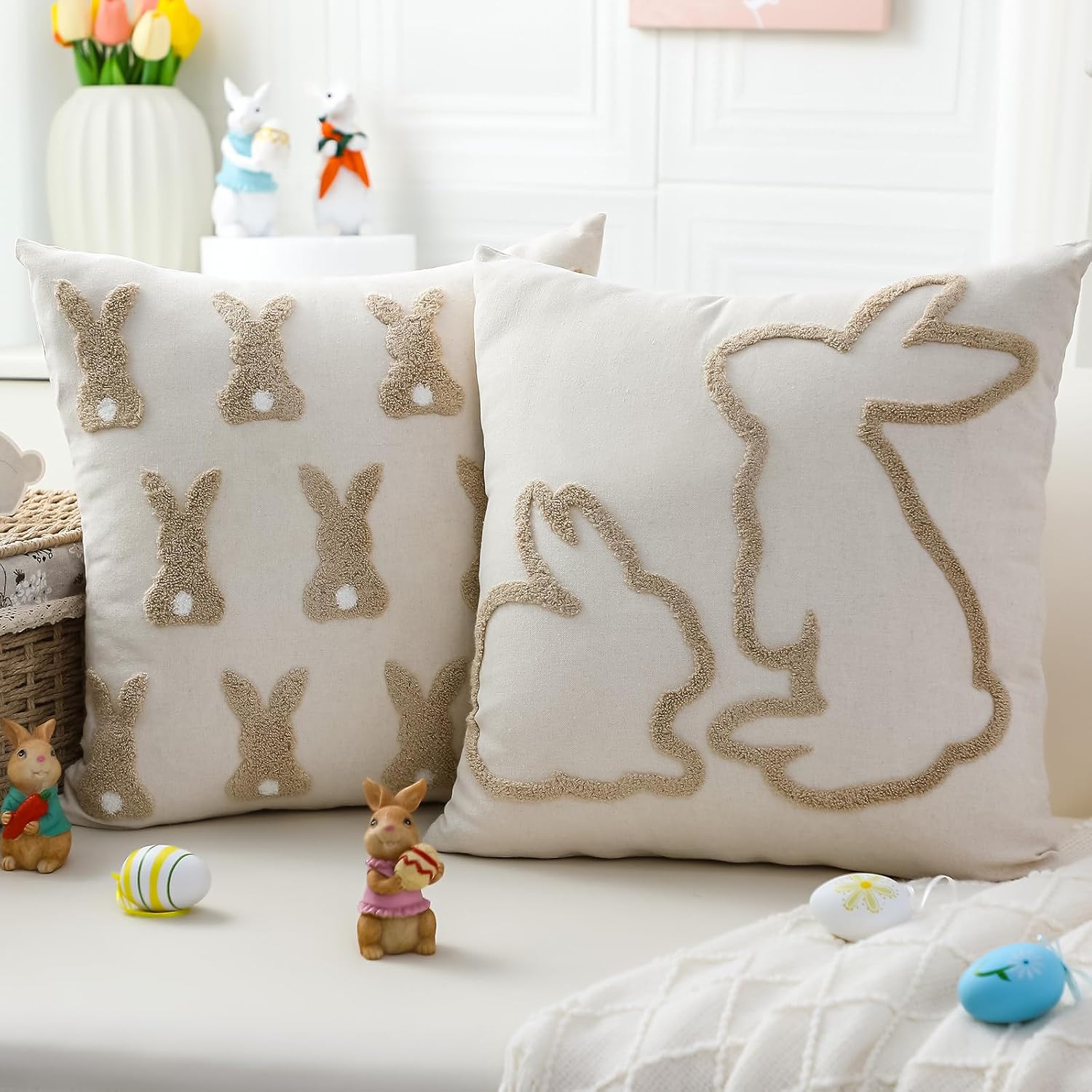 Naozinebi Easter Bunny Pillow Covers 18x18 Inch Set of 2 Bunny Embroidery Throw Pillow Covers Spring Festival Decoration Cushion Case Neutral Easter Rabbit Pillowcases for Home Couch Sofa Bedroom