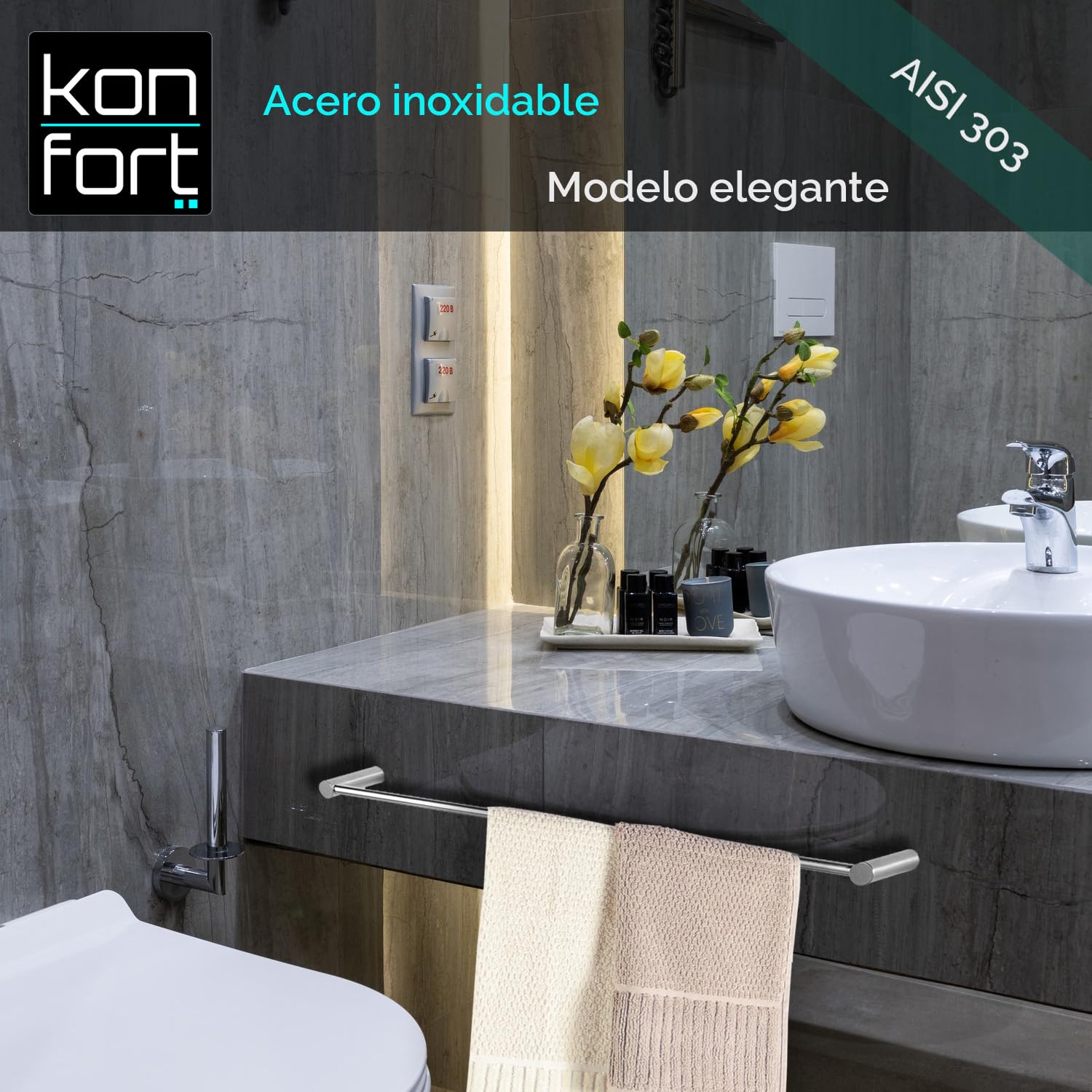 Kon-fort Home Toallero Baño 30cm. con Tornillos Acero Inoxidable AISI 304 Mate, Diseño Exclusivo.