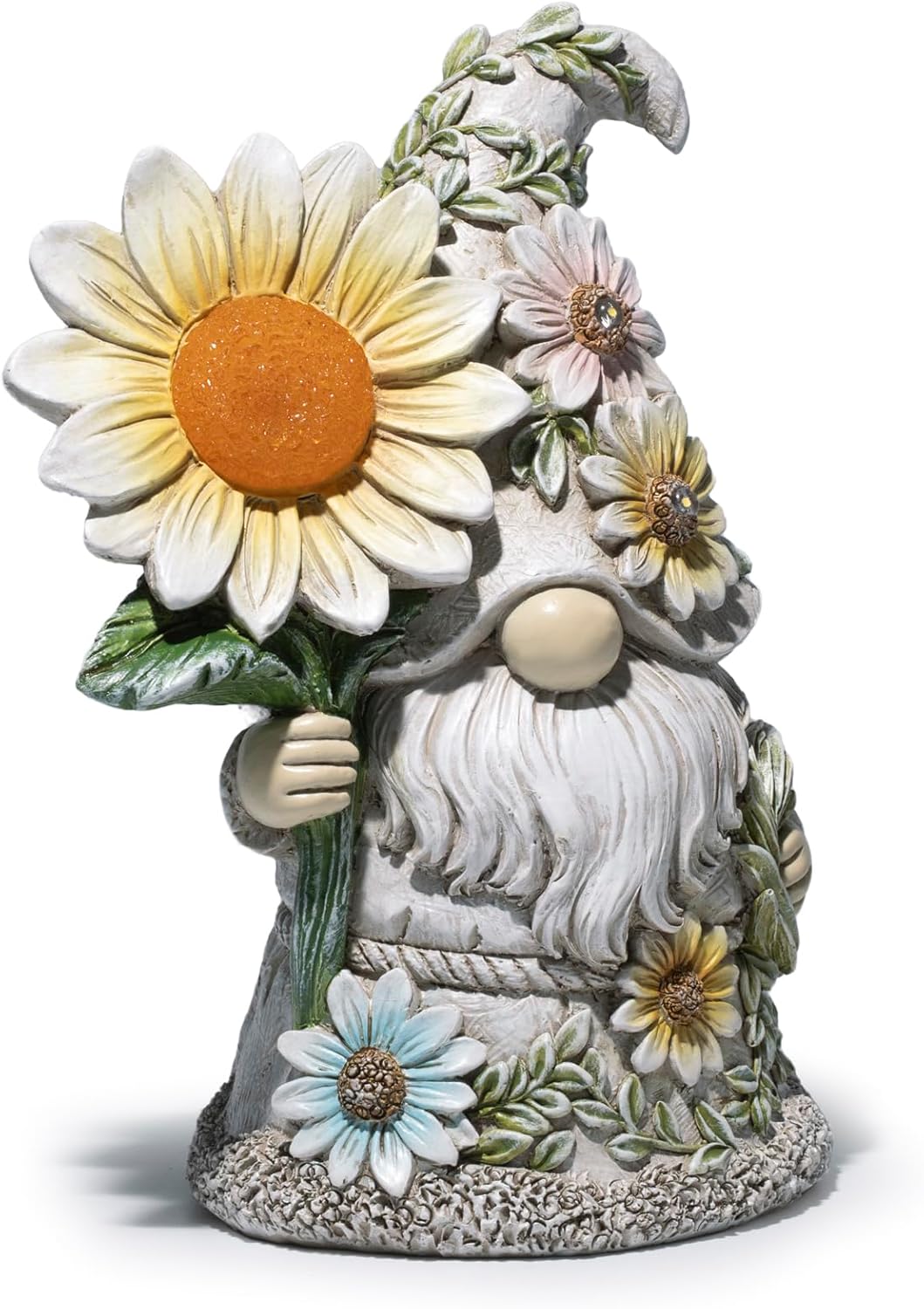 basen Solar Garden Gnome Statue with Glowing Daisy Flower, Outdoor Solar Gnome Figurine Decor for Yard Lawn Patio, Resin Garden Gnome Decoration with LED Light for Garden Landscape Ornament