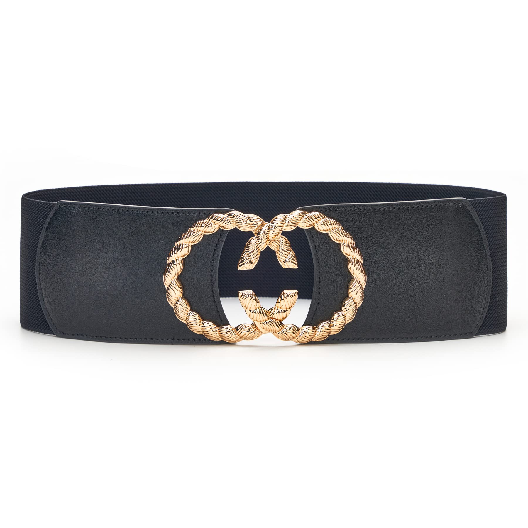 LUCHENGYI Women Stretchy Belt for Dresses Women Elastic Metal Buckle Ladies Waist Belt Vintage Black White Plus Size 3 inch Wide Black L