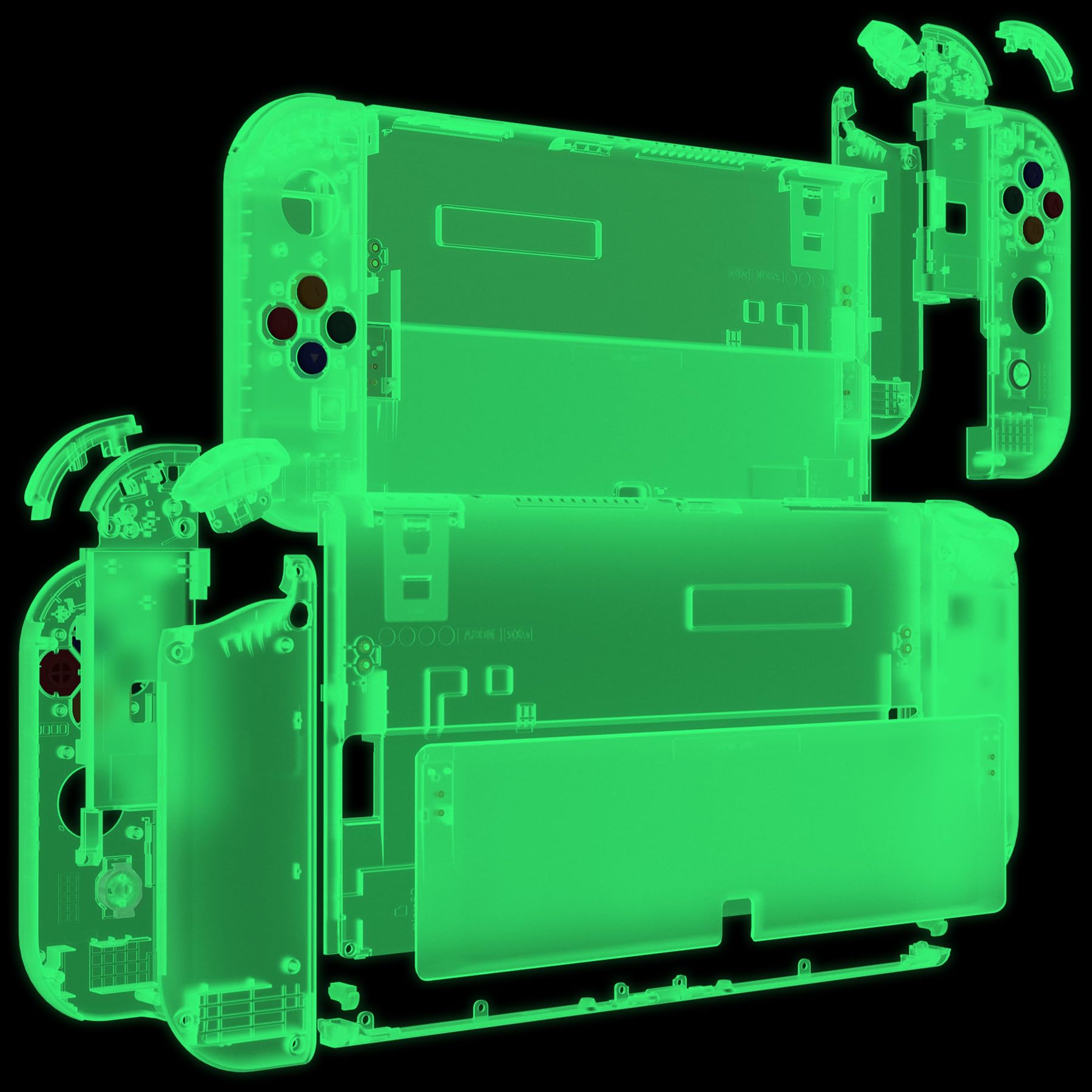 eXtremeRate Cover Pulsanti Tasti Ricambio per Nintendo Switch OLED Console Joycon,Custodia Posteriore Controller Scocca Supporto Shell KickStand per Nintendo Switch OLED-Trasparente Illuminare
