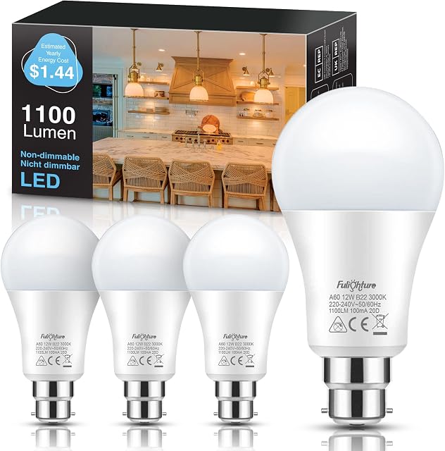 Fulighture Bayonet Light Bulb [4 Pack], B22 Base 12W (100W Equivalent) 1100LM LED Bulbs, 3000K Warm White, A60 Energy Saving Light Bulbs, Not Dimmable, for Chandelier Bedroom Living Room, 4 Pcs