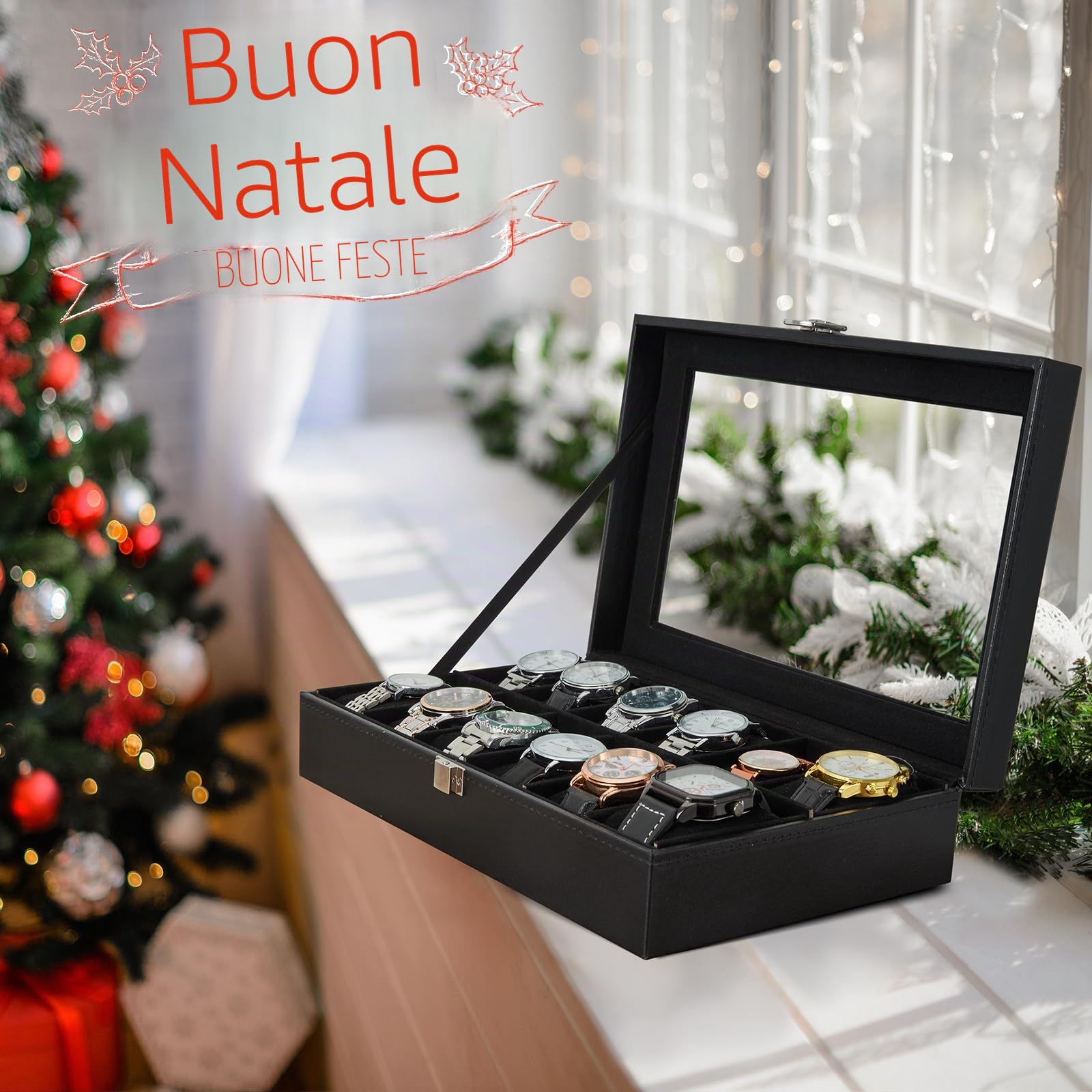 Ohuhu Scatola porta Orologi a 12 Scomparti, Custodia Orologi con Coperchio in Vetro e Cuscinetti Rimovibili in Velluto, Porta Orologi per Uomo e Donna, Regalo per il Compleanno di San Valentino